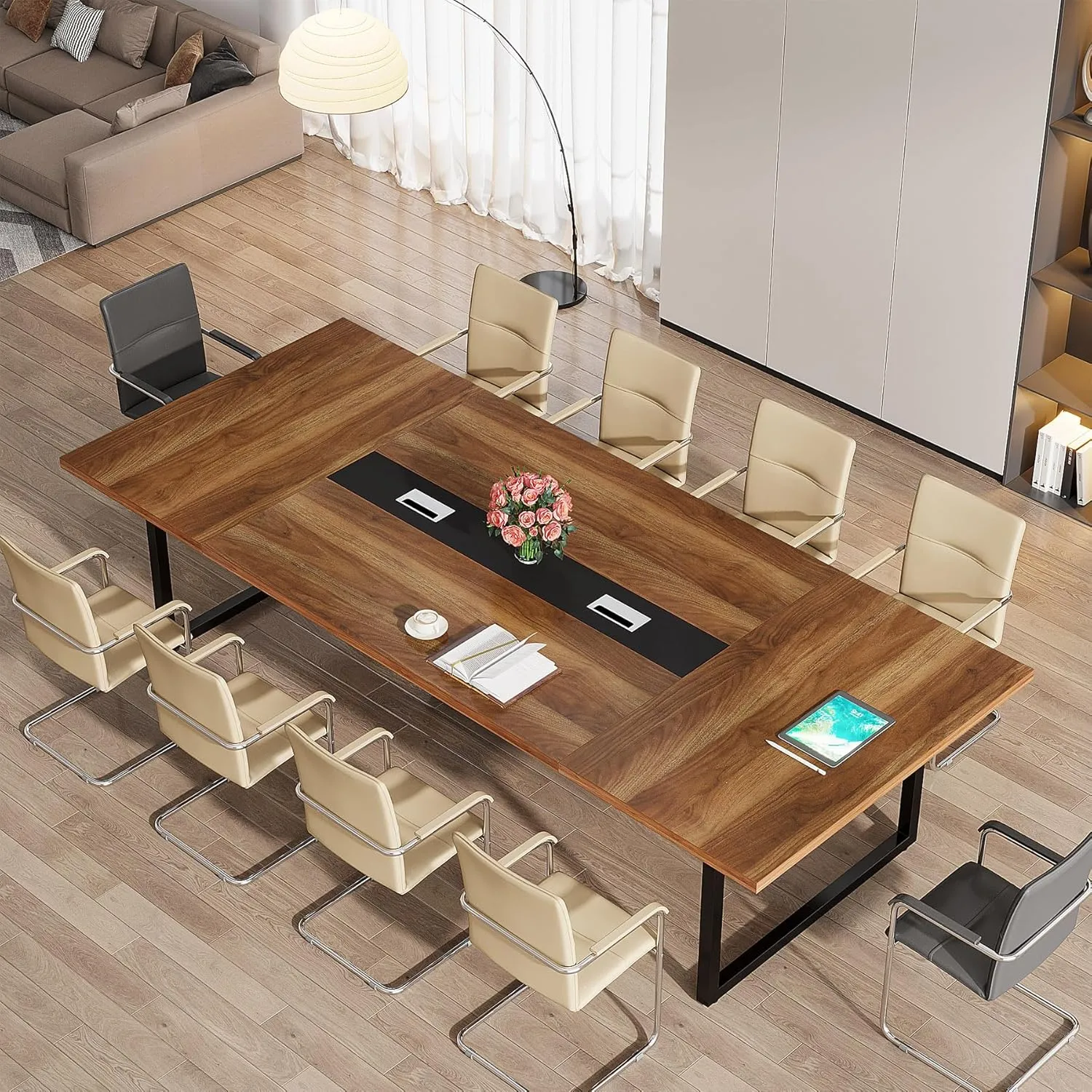 Tribesigns 8FT Conference Table, 94.49 L x 47.24 W x 29.53 H Inches Large Meeting Table/Podcast Table for 10 People, Business Style Wooden Training Table with Strong Metal Frame for Office Conference