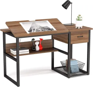 Tribesigns Drafting Table with Storage Drawers, Drawing Computer Desk Artist Craft Table Painting Desk Workstation with Shelves and Tiltable Tabletop for Students, Home Office