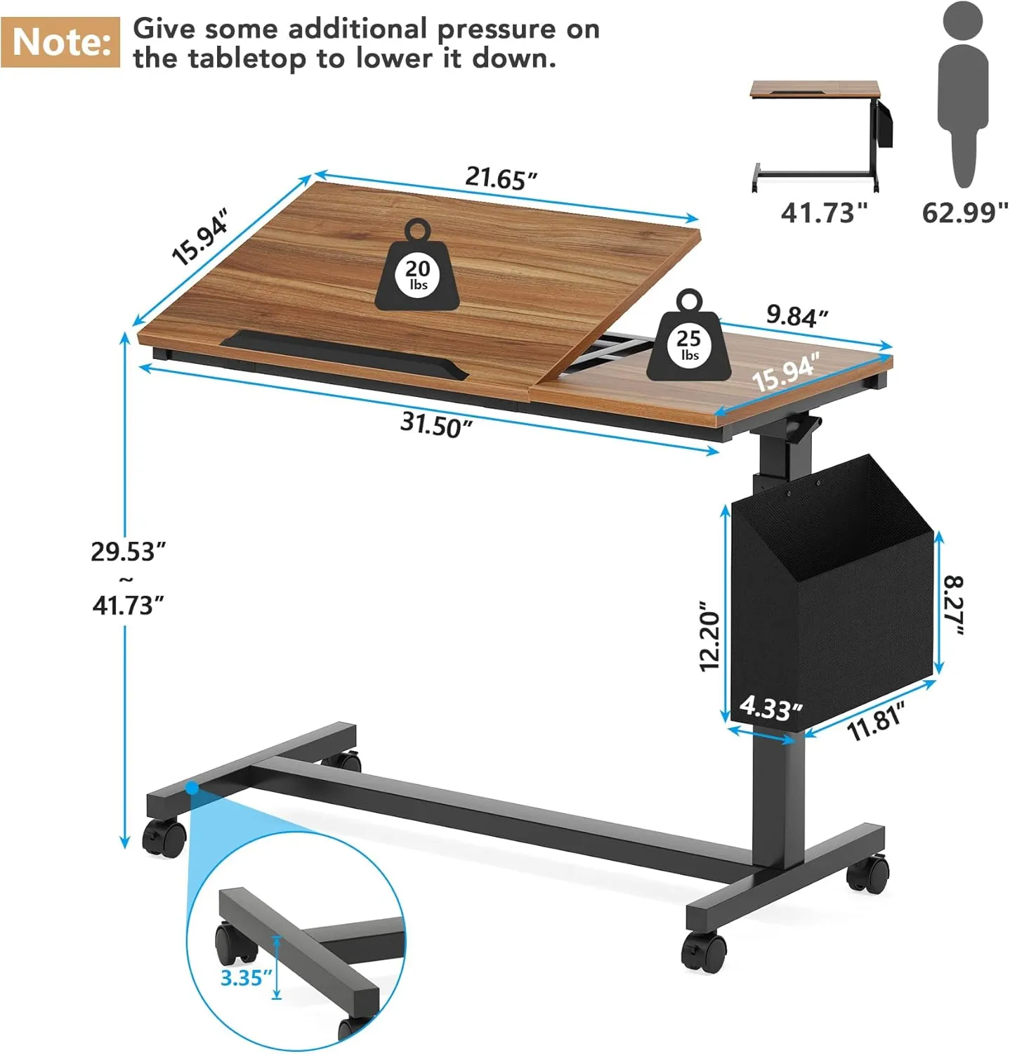 Tribesigns Height Adjustable C Shaped End Table with Wheels and Side Pocket, Mobile Sofa Snack Table with Tiltable Drawing Board, Laptop Side Tray Table for Couch Bed (Walnut Brown)