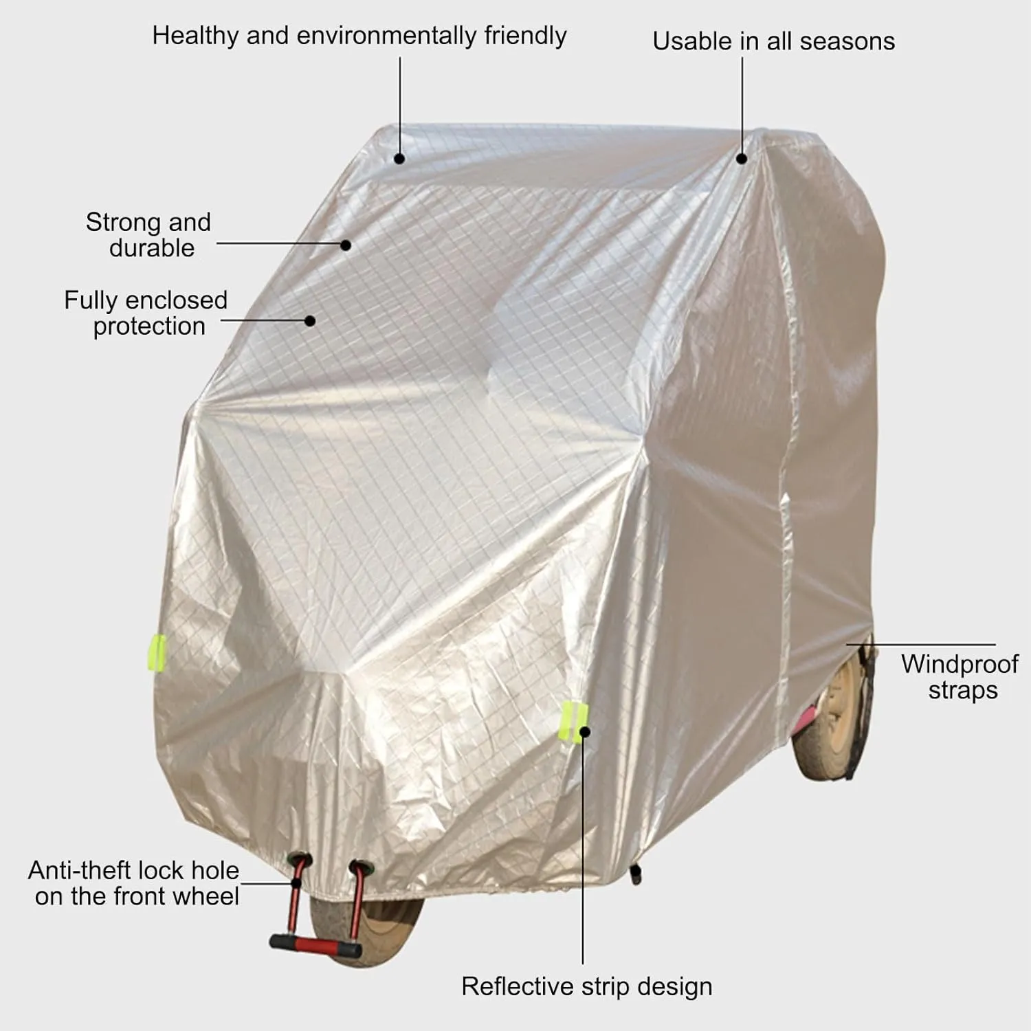 Tricycle Cover, Outdoors Indoors Dust Wind Proof Anti-UV 3 Wheeled Bike Cover, Lock Holes and Storage Bag, with Night Reflective, Waterproof and All-Weather(Gray,280 * 140cm/110 * 55in)
