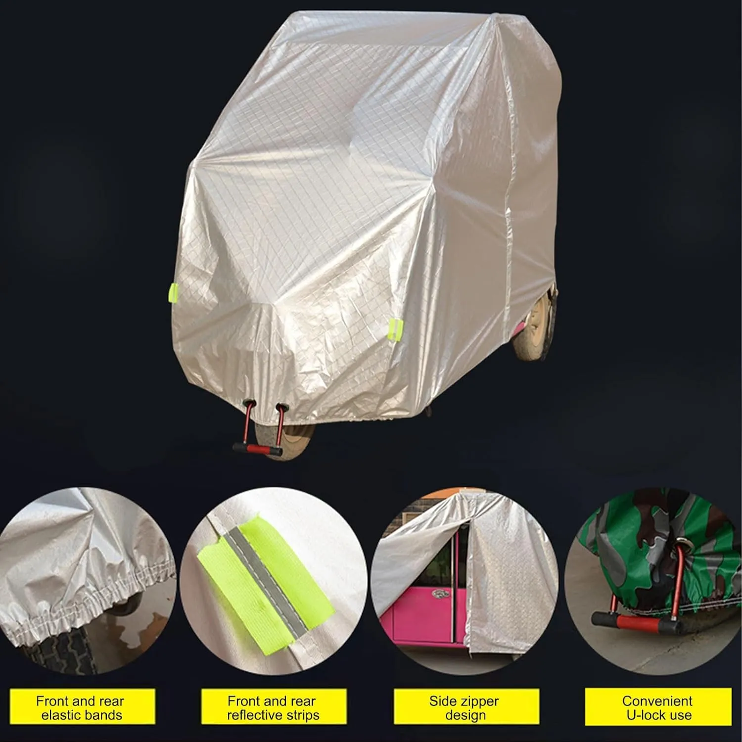 Tricycle Cover, Outdoors Indoors Dust Wind Proof Anti-UV 3 Wheeled Bike Cover, Lock Holes and Storage Bag, with Night Reflective, Waterproof and All-Weather(Gray,280 * 140cm/110 * 55in)