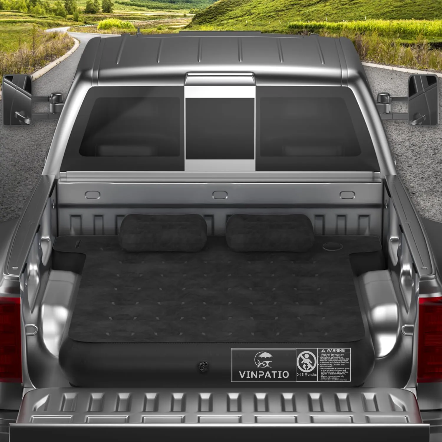 Truck Bed Air Mattress: Full-Size Pickup Blow Up Bed for Outdoor Travel, Durable and Waterproof, with Pump & Carry Bag (Black, Wireless Recharge Pump)