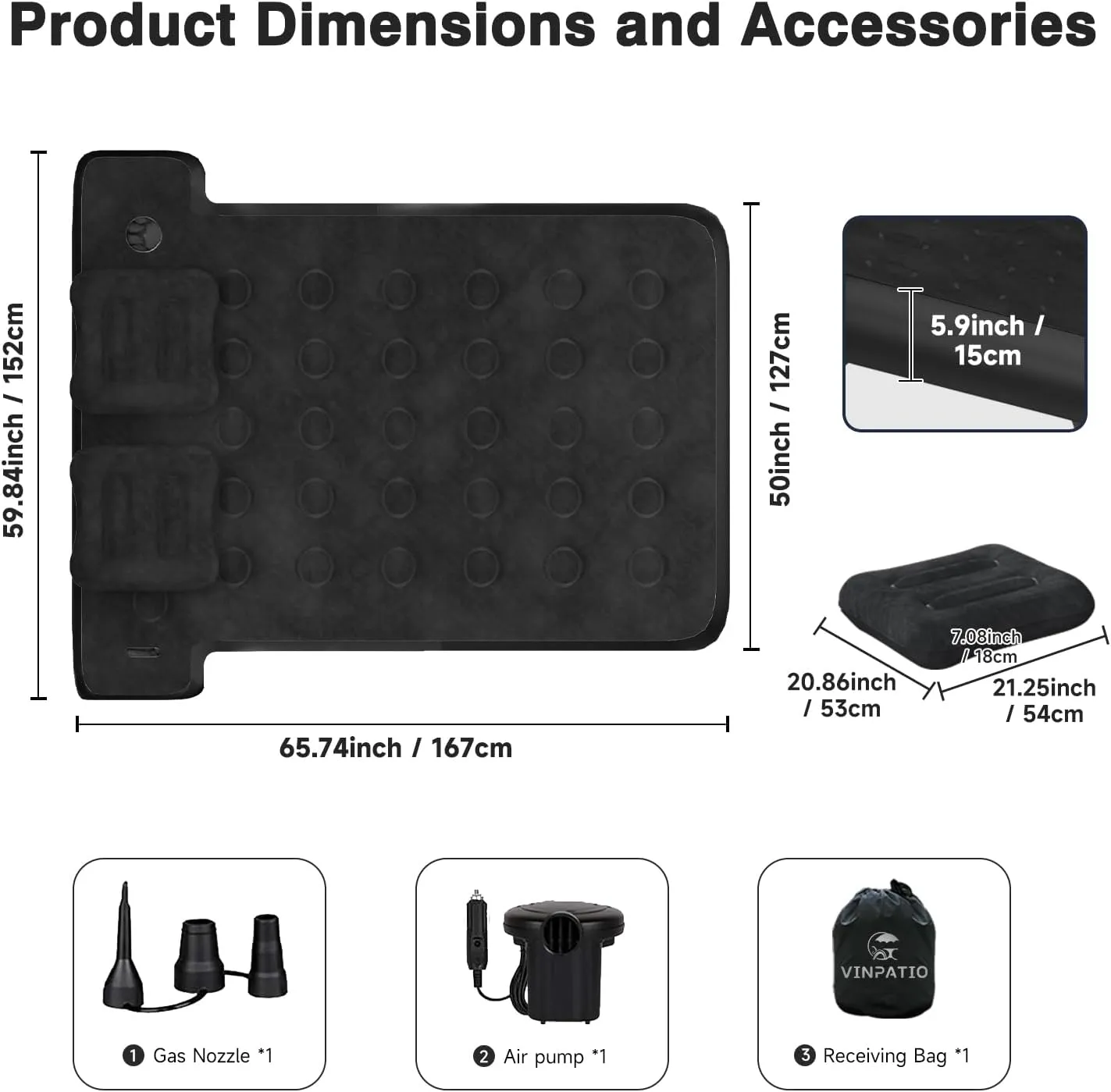 Truck Bed Air Mattress: Full-Size Pickup Blow Up Bed for Outdoor Travel, Durable and Waterproof, with Pump & Carry Bag (Black, Wireless Recharge Pump)