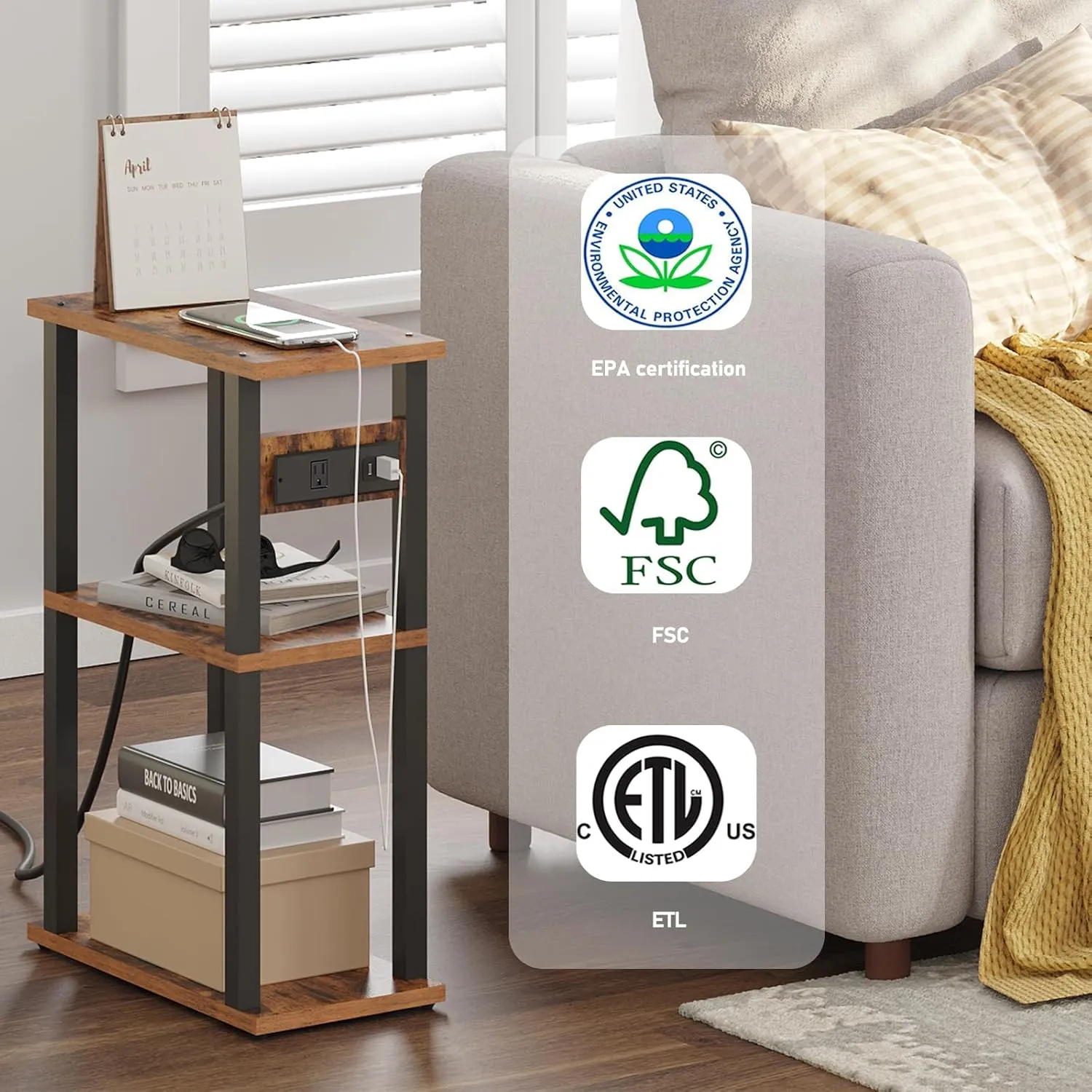 TUTOTAK Small Narrow Side Table with Charging Station, Skinny End Table for Small Spaces, Slim Nightstand with USB Ports and Outlet, Sofa Beside Table with Wheels, Brown TB01BB046