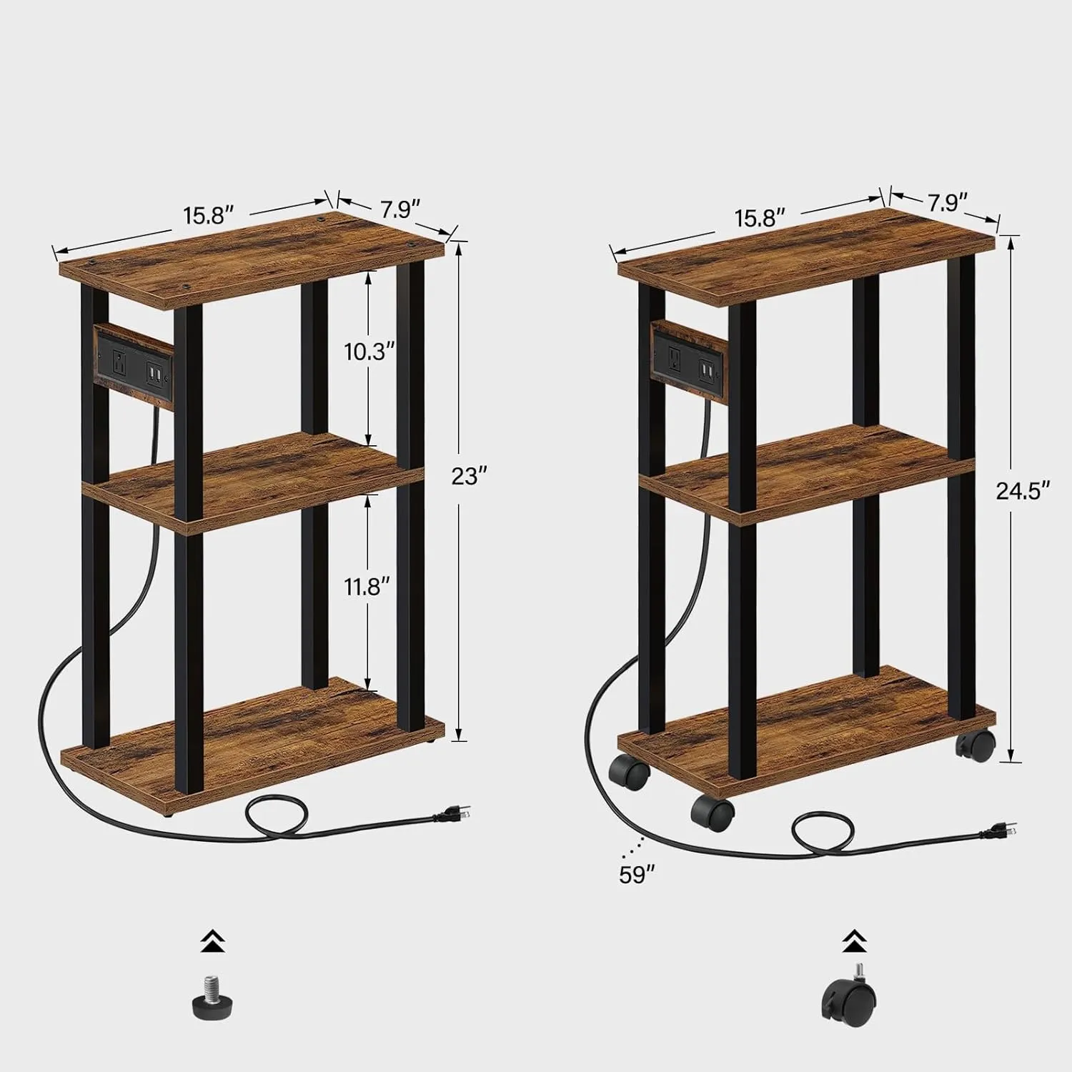 TUTOTAK Small Narrow Side Table with Charging Station, Skinny End Table for Small Spaces, Slim Nightstand with USB Ports and Outlet, Sofa Beside Table with Wheels, Brown TB01BB046