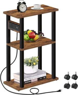 TUTOTAK Small Narrow Side Table with Charging Station, Skinny End Table for Small Spaces, Slim Nightstand with USB Ports and Outlet, Sofa Beside Table with Wheels, Brown TB01BB046