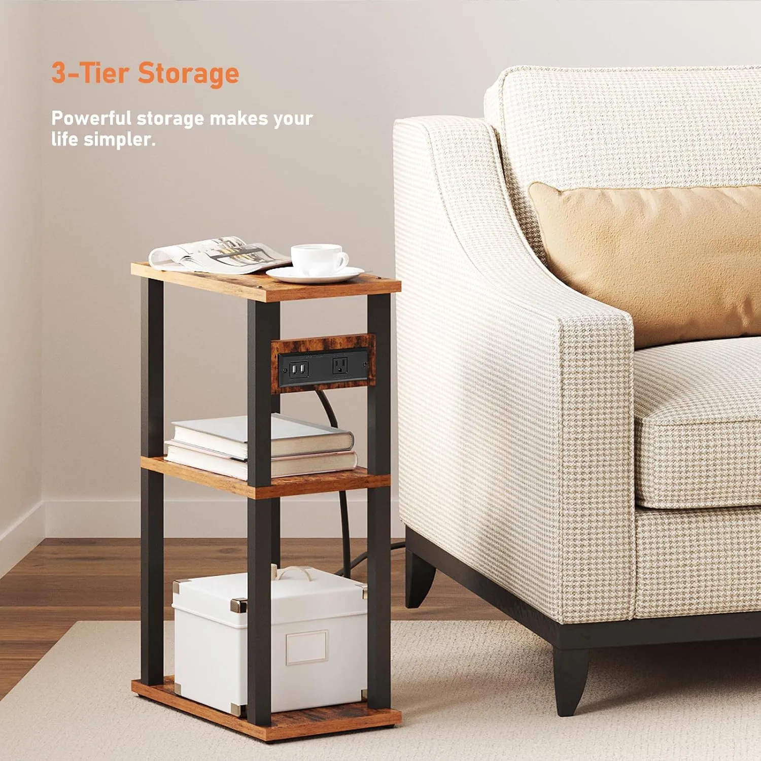 TUTOTAK Small Narrow Side Table with Charging Station, Skinny End Table for Small Spaces, Slim Nightstand with USB Ports and Outlet, Sofa Beside Table with Wheels, Brown TB01BB046
