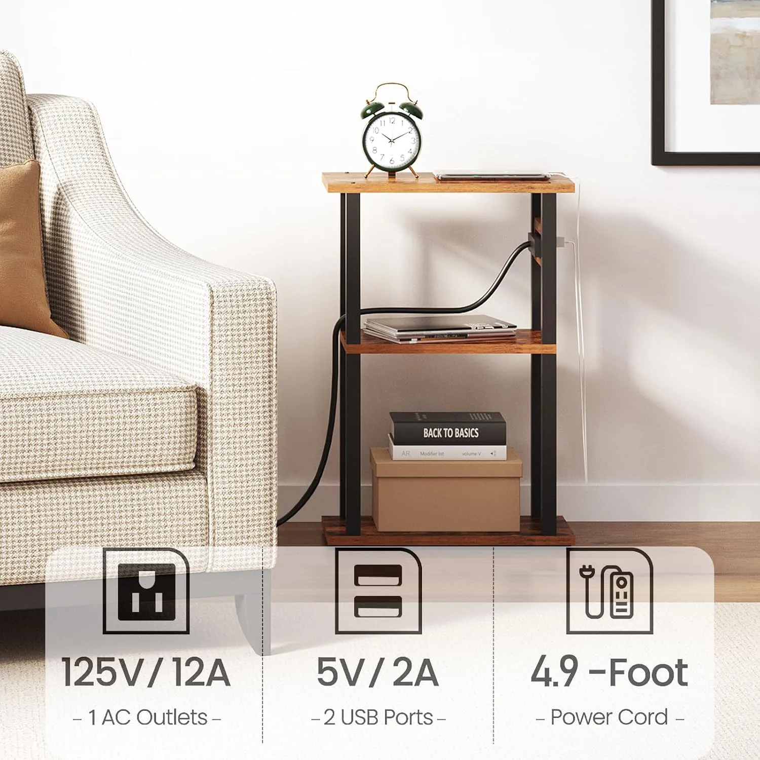 TUTOTAK Small Narrow Side Table with Charging Station, Skinny End Table for Small Spaces, Slim Nightstand with USB Ports and Outlet, Sofa Beside Table with Wheels, Brown TB01BB046