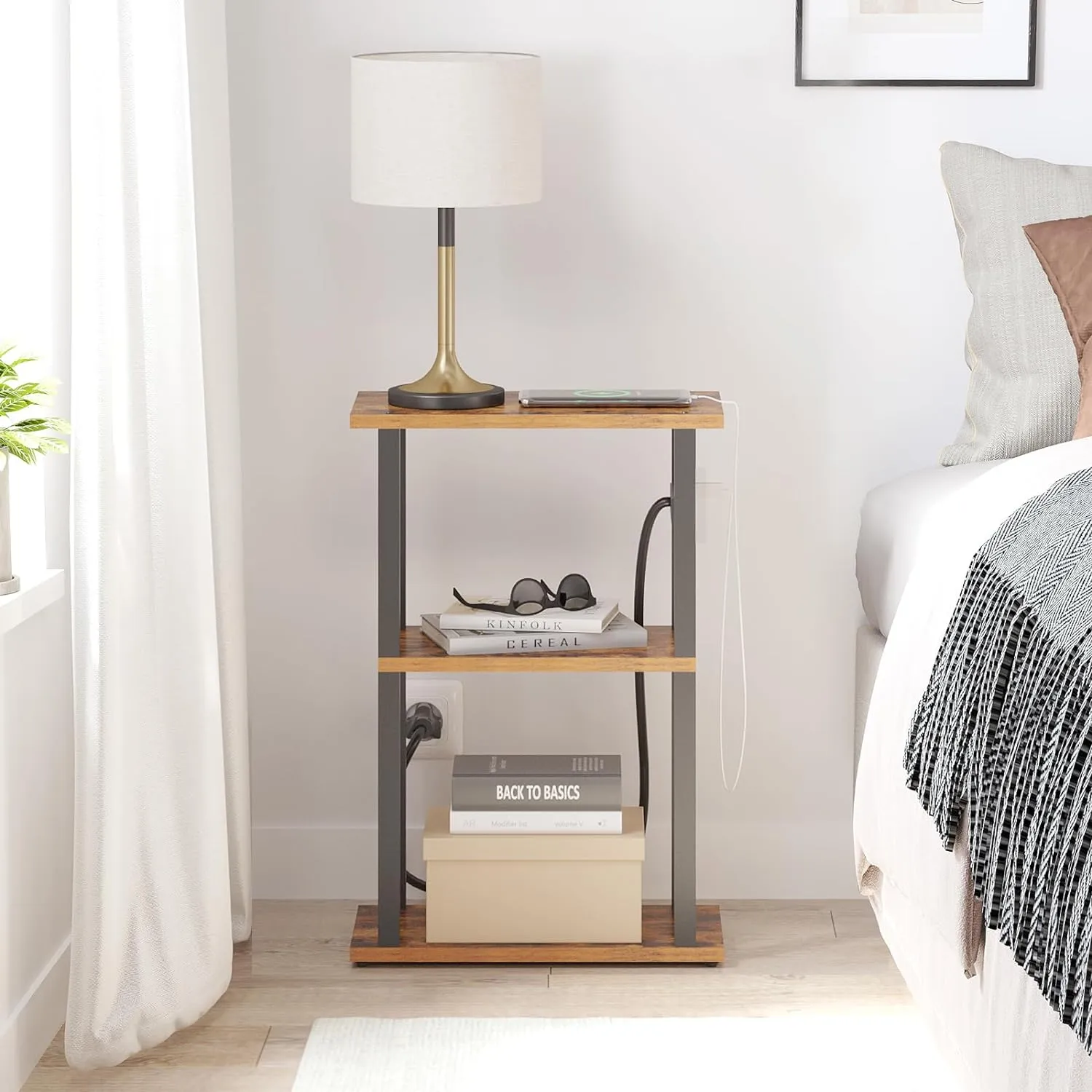 TUTOTAK Small Narrow Side Table with Charging Station, Skinny End Table for Small Spaces, Slim Nightstand with USB Ports and Outlet, Sofa Beside Table with Wheels, Brown TB01BB046