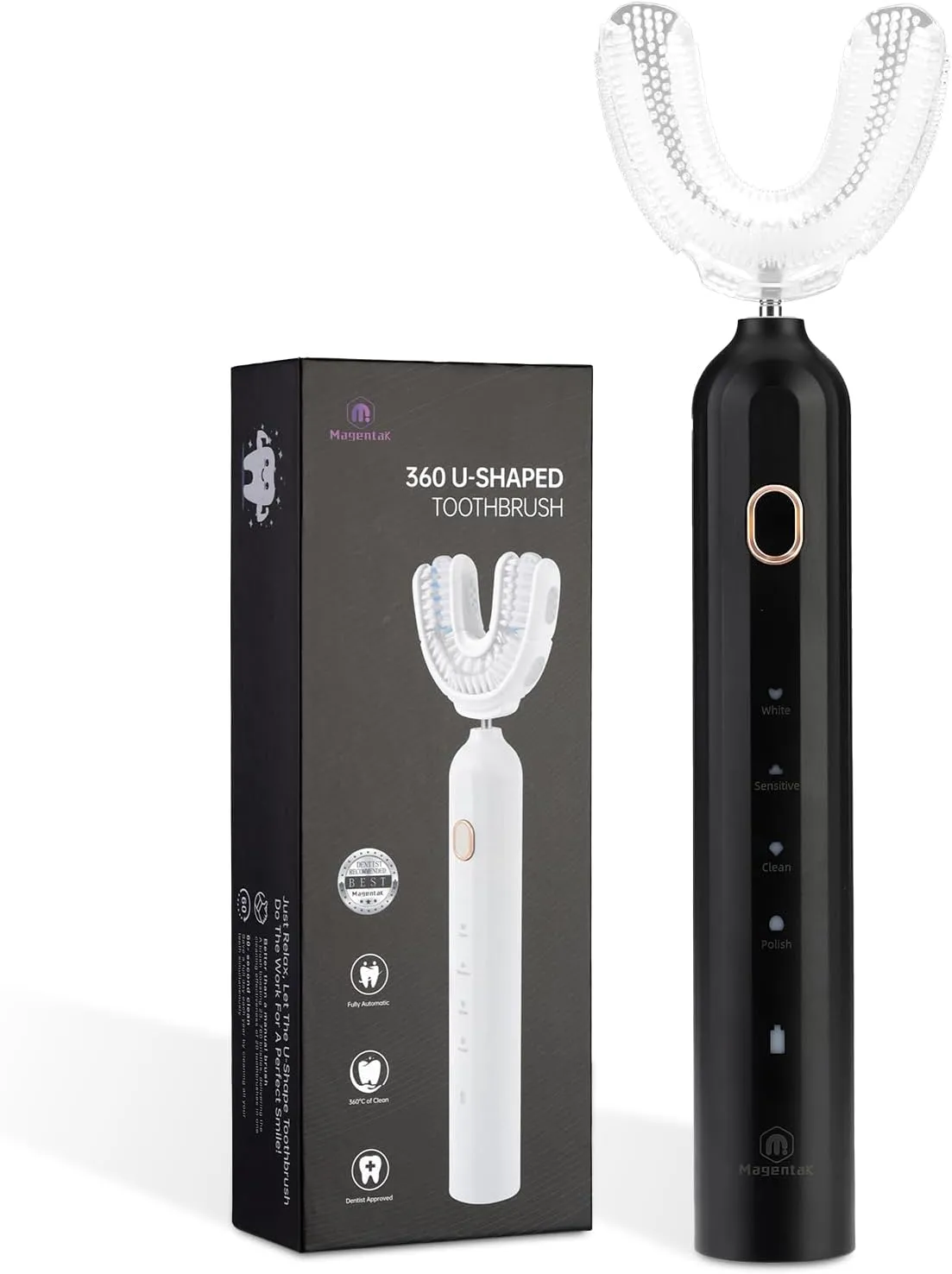 Ultrasonic U-Shaped Toothbrush for Adults, Electric Toothbrush for Teeth Whitening, Automatic 360-degree with Waterproof IPX7, 4 Modes for Cleaning(Black)