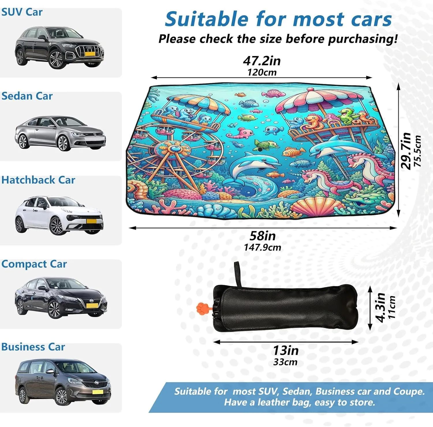 Underwater World Amusement Park Comic Car Sun Shade Windshield Umbrella Full Cover Windshield Screen Sunshade 58"x29.7"