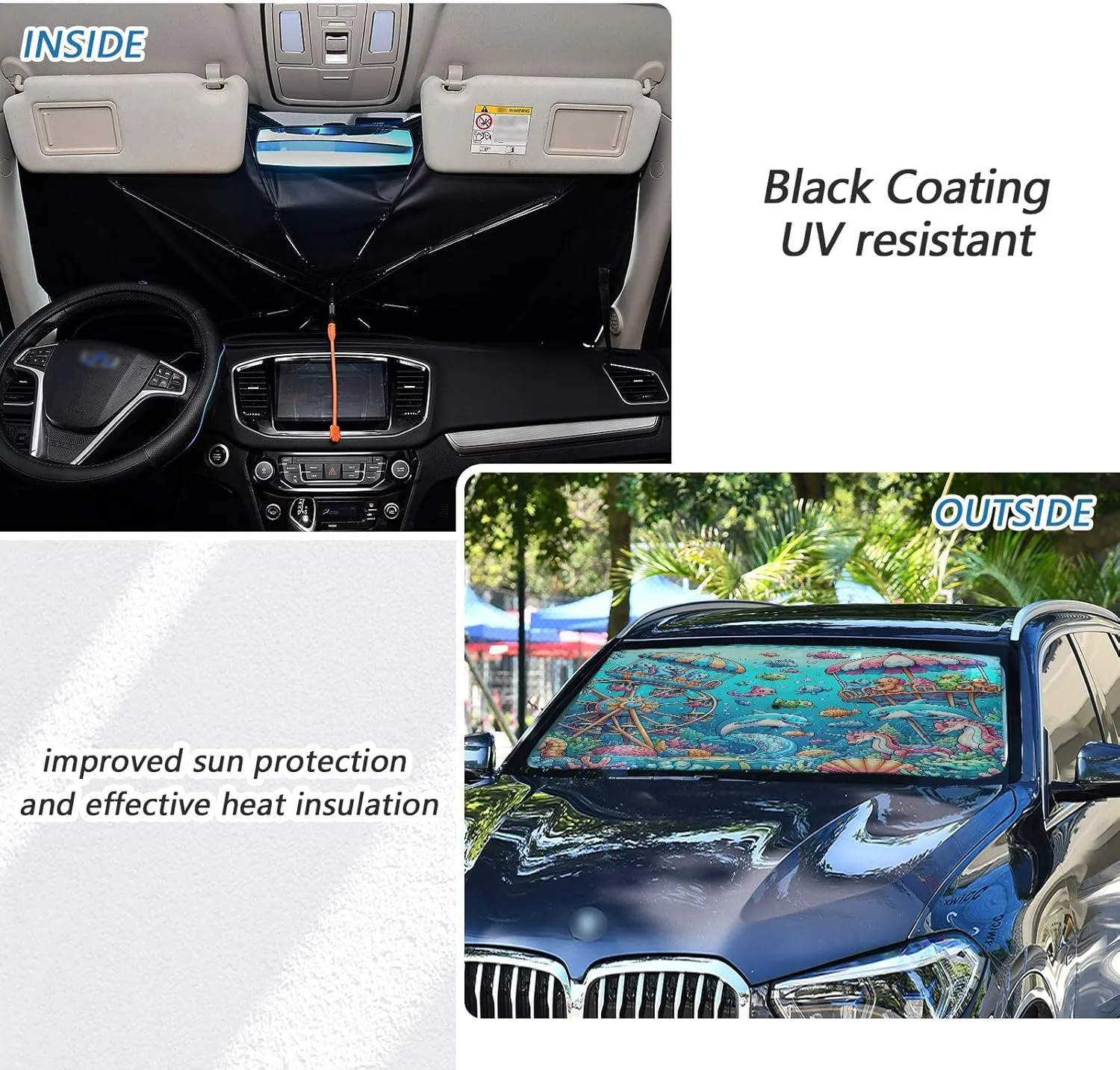 Underwater World Amusement Park Comic Car Sun Shade Windshield Umbrella Full Cover Windshield Screen Sunshade 58"x29.7"