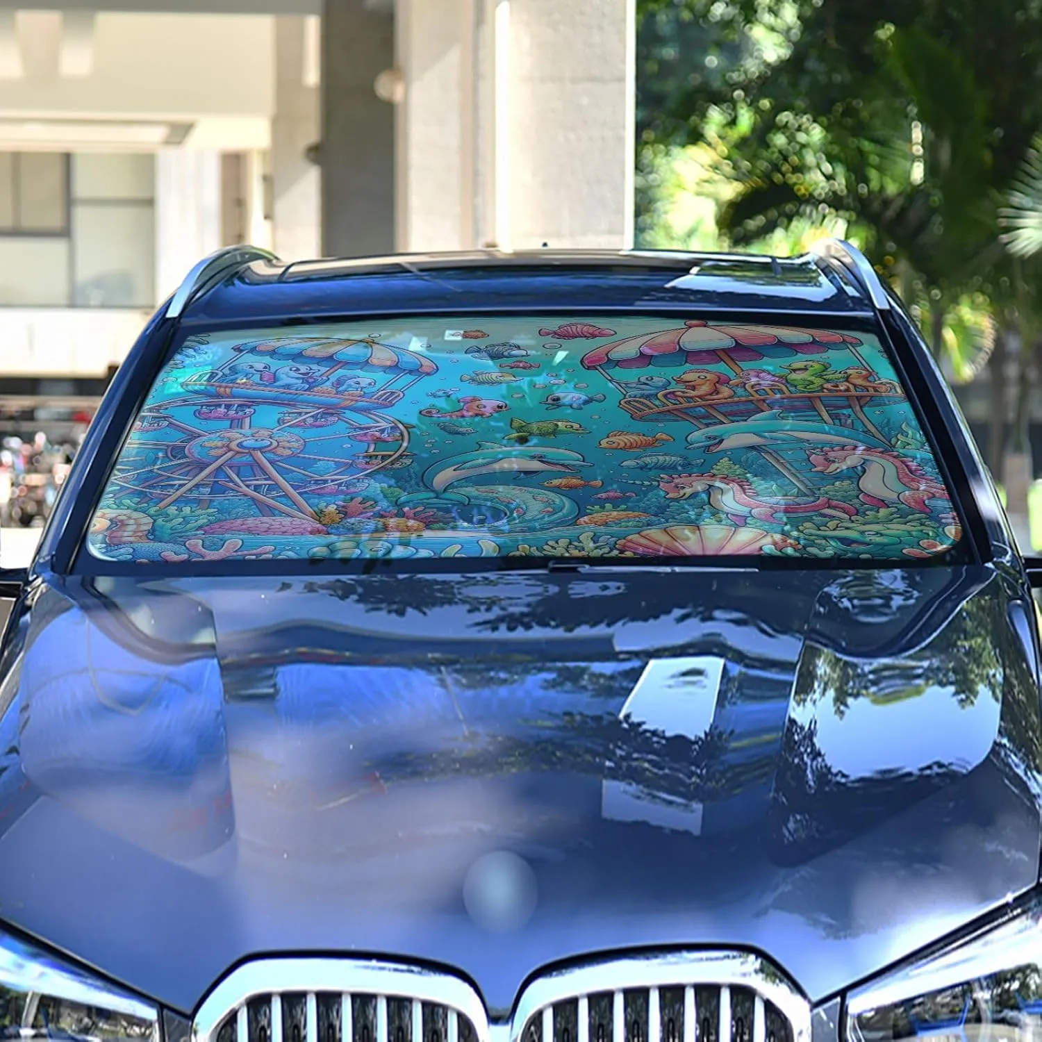 Underwater World Amusement Park Comic Car Sun Shade Windshield Umbrella Full Cover Windshield Screen Sunshade 58"x29.7"