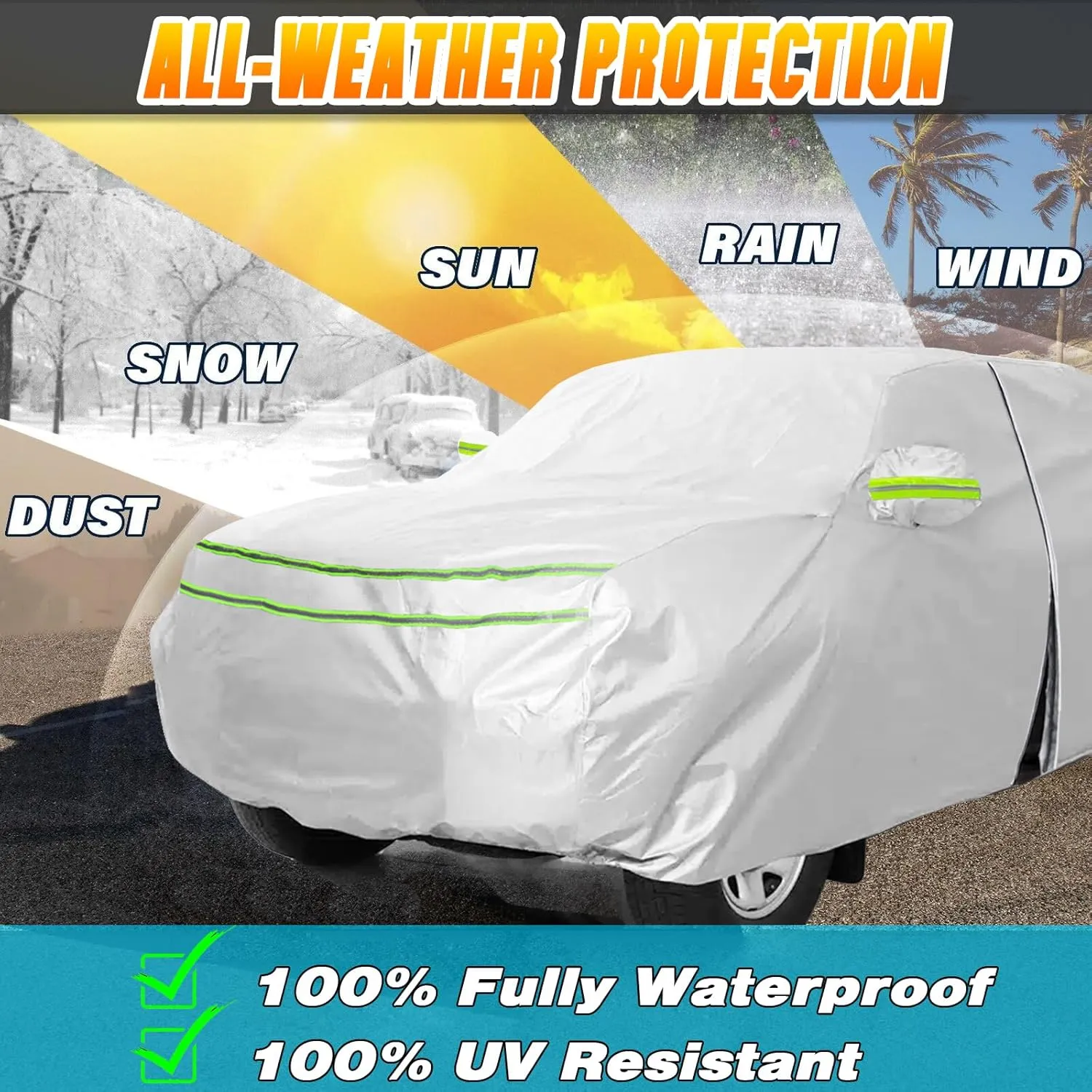 Universal Car Cover, All Weather Fit for SUVs Body Length 198" to 208", Waterproof, Snow Proof, UV Proof, Scratch Proof, Bird Droppings Proof -Grey