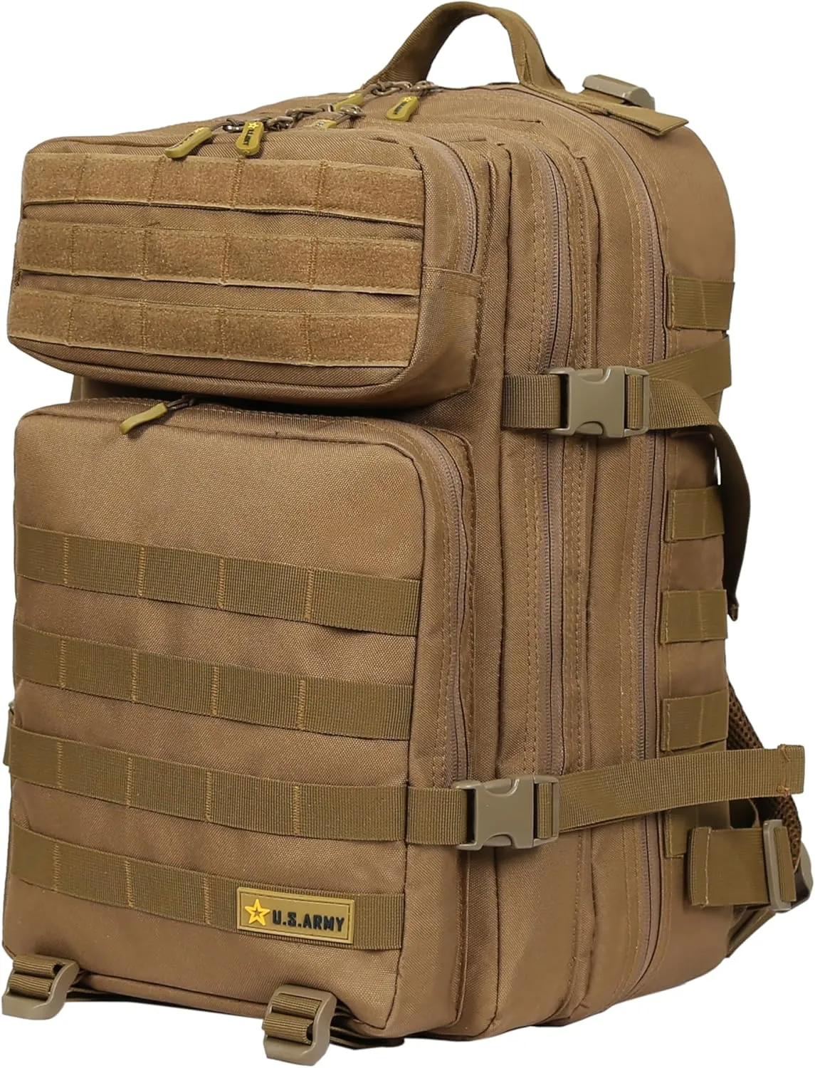 US ARMY ASSAULT Tactical Backpack | 42L Capacity, Water-Resistant Heavy Duty Material, Molle Webbing, Hydration Compartment, Laptop Sleeve, Military Gear Bag for Duty, Travel, and Hiking - Coyote
