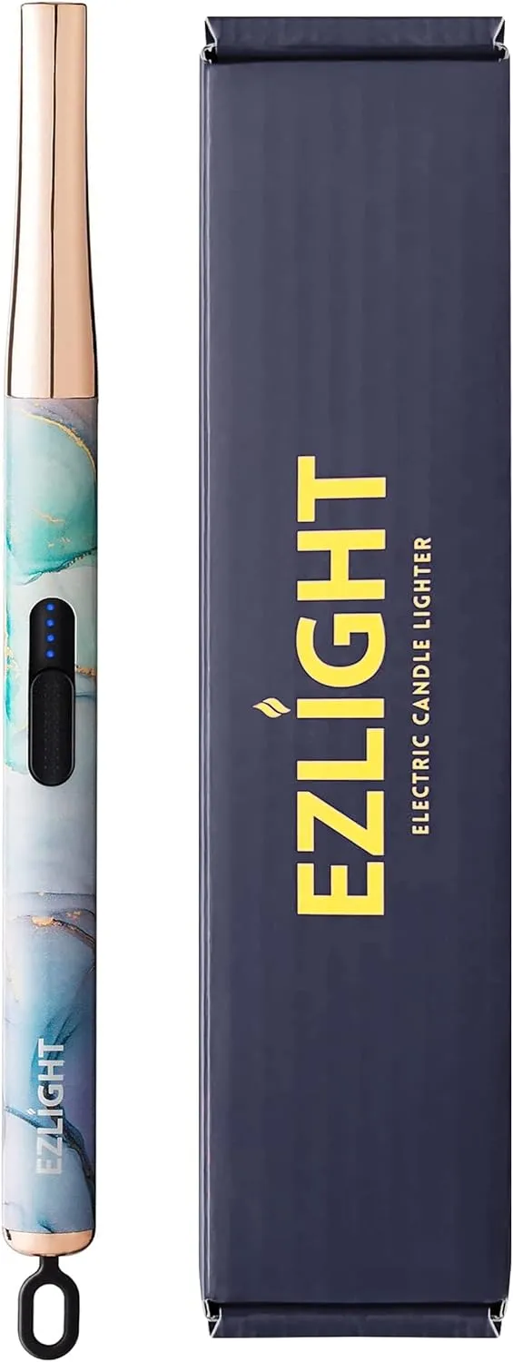 USB Lighter Rechargeable Long Electric Arc Flameless Lighters for Candles, Outdoor Windproof, Auto-Off, LED Battery Power Indicator, Blue Marble
