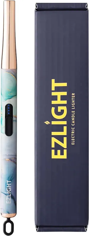 USB Lighter Rechargeable Long Electric Arc Flameless Lighters for Candles, Outdoor Windproof, Auto-Off, LED Battery Power Indicator, Blue Marble