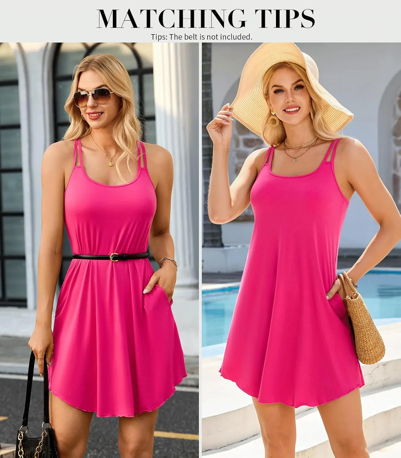 V FOR CITY Womens Summer Dresses with Built in Bra Double Spaghetti Strap Beach Dress Scoop Neck Sundresses with Pockets