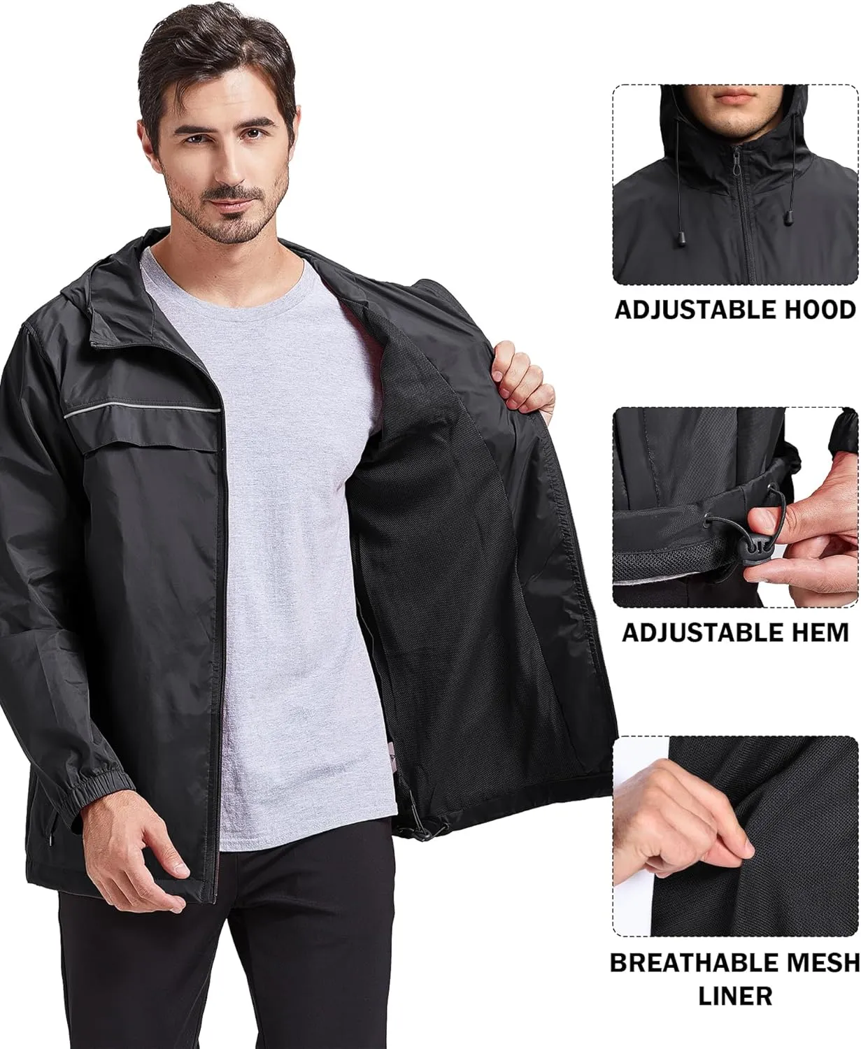V VALANCH Mens Rain Jacket Waterproof Lightweight Windbreaker with Hood Outdoor Raincoat for Hiking Running Travel
