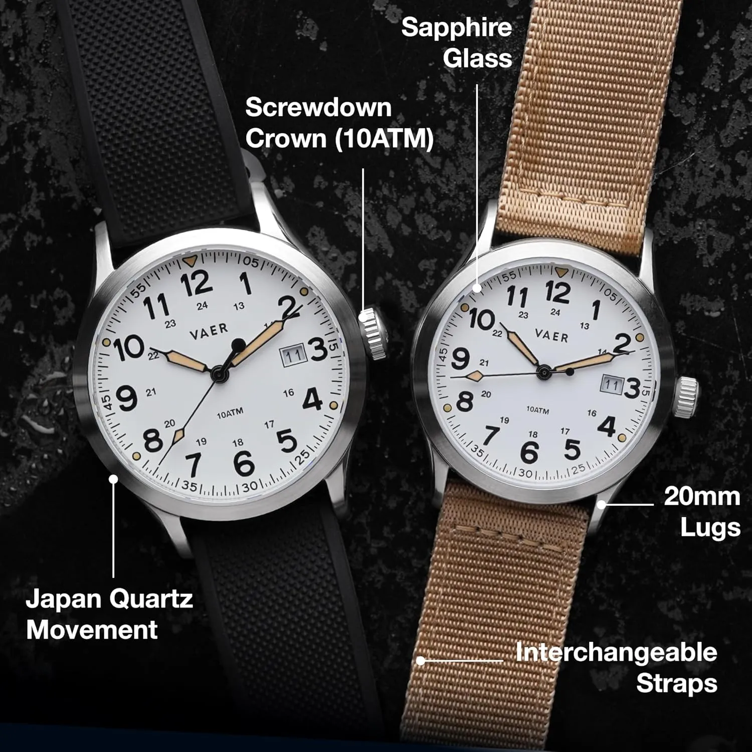 Vaer Men’s Field Watch, Quartz Movement for Accurate Timing, Scratch Resistant Sapphire Crystal, Locking Screw-Down Crown, Iconic Replica of The A-11 Military Watch for Men of WW2 - Gift Set for Men