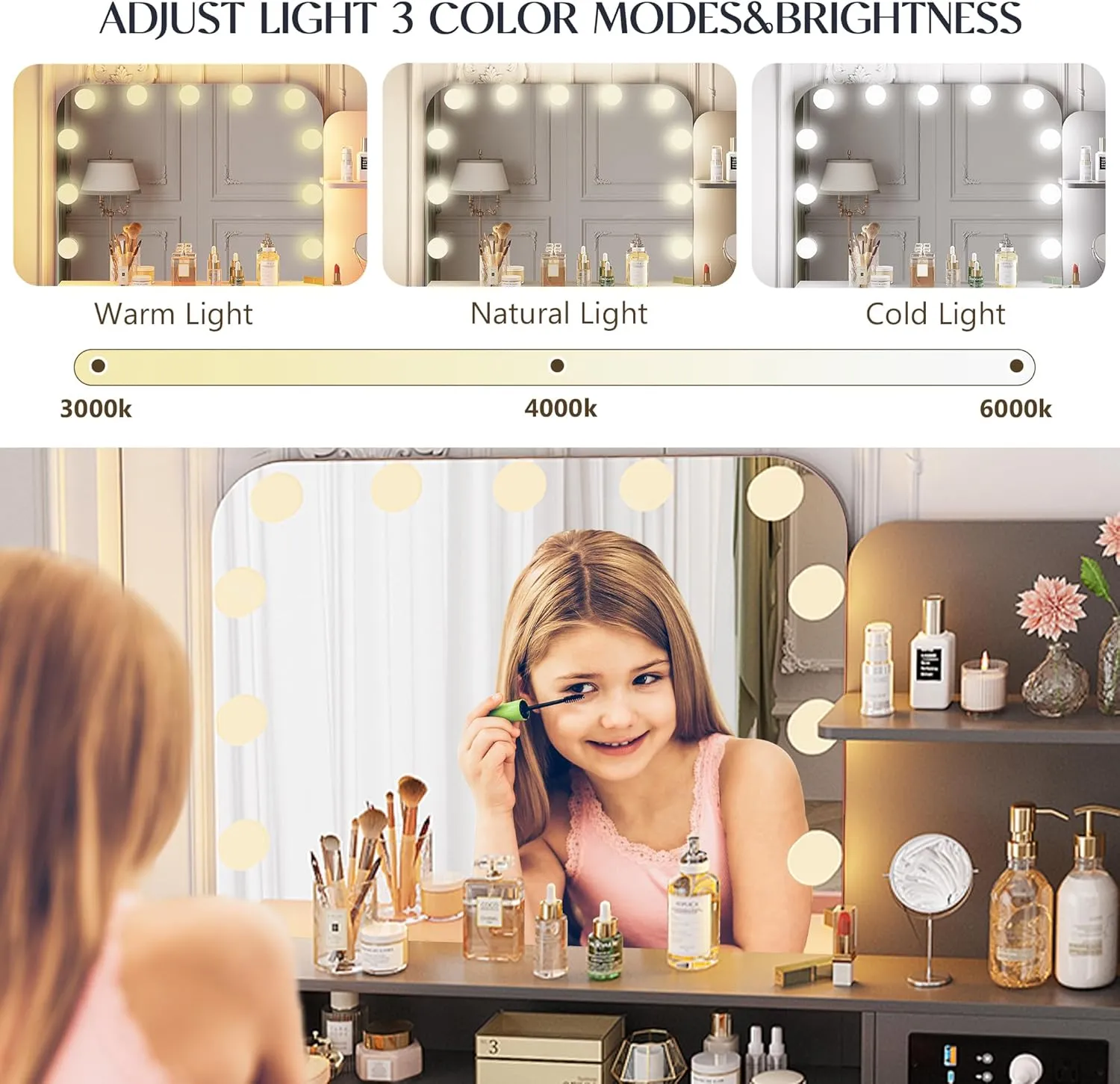 Vanity Desk with Lighted Mirror, 39.4 inch Vintage Makeup Table with Power Outlet, Bedroom Vanity Dressing Table with Adjustable Lights & 2 Drawers, Gifts for Teen Girls Women, Grey