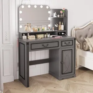 Vanity Desk with Lighted Mirror, 39.4 inch Vintage Makeup Table with Power Outlet, Bedroom Vanity Dressing Table with Adjustable Lights & 2 Drawers, Gifts for Teen Girls Women, Grey