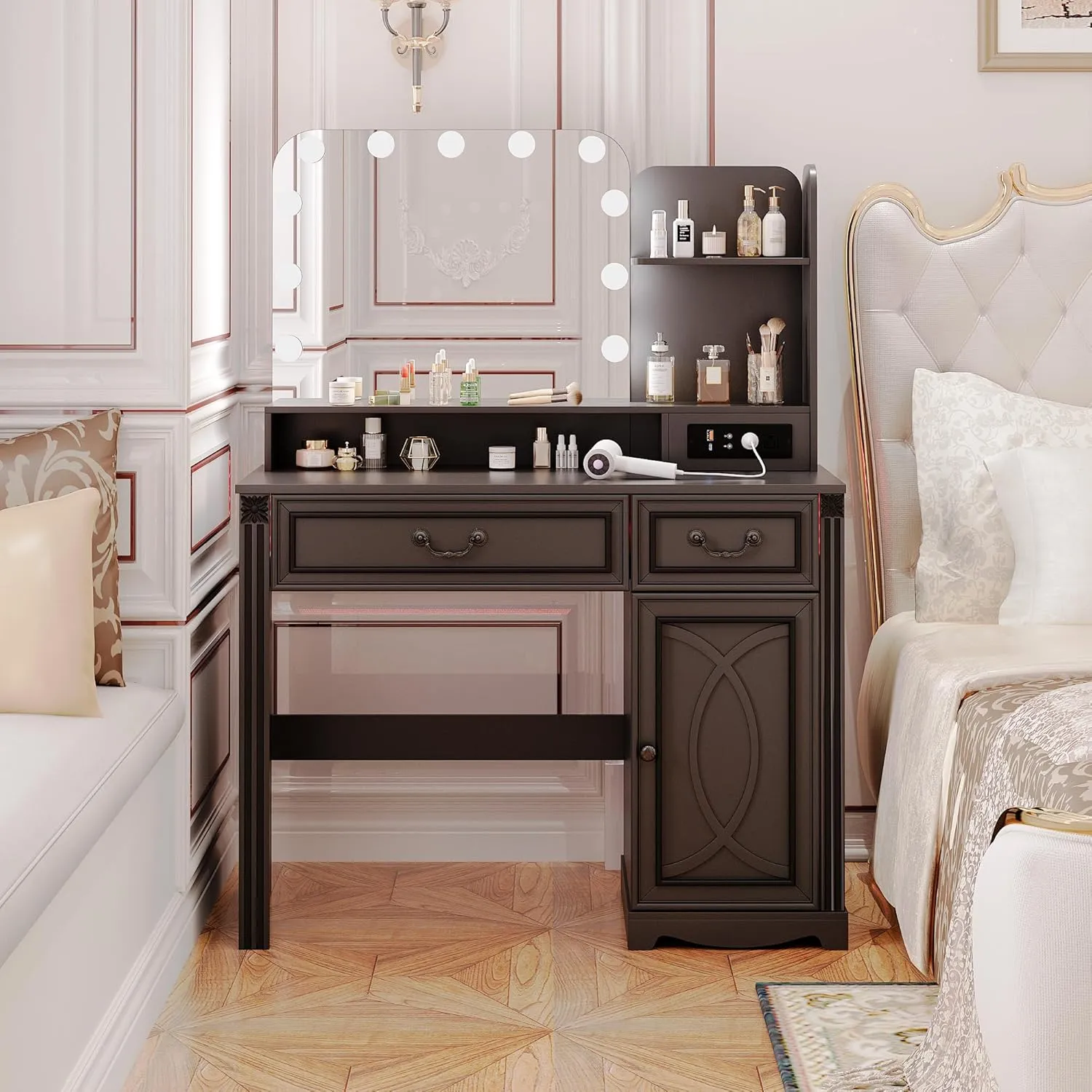 Vanity Desk with Lighted Mirror, 39.4 inch Vintage Makeup Table with Power Outlet, Bedroom Vanity Dressing Table with Adjustable Lights & 2 Drawers, Gifts for Teen Girls Women, Grey