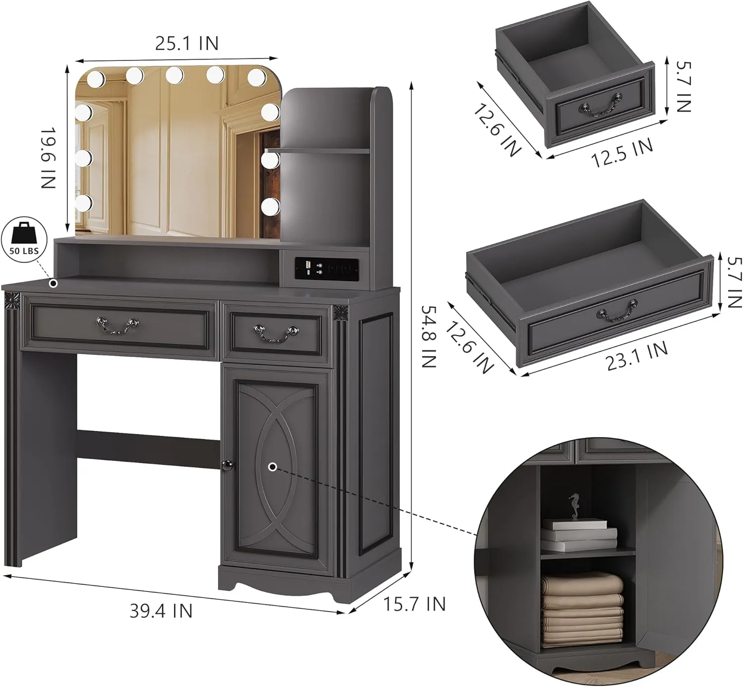 Vanity Desk with Lighted Mirror, 39.4 inch Vintage Makeup Table with Power Outlet, Bedroom Vanity Dressing Table with Adjustable Lights & 2 Drawers, Gifts for Teen Girls Women, Grey