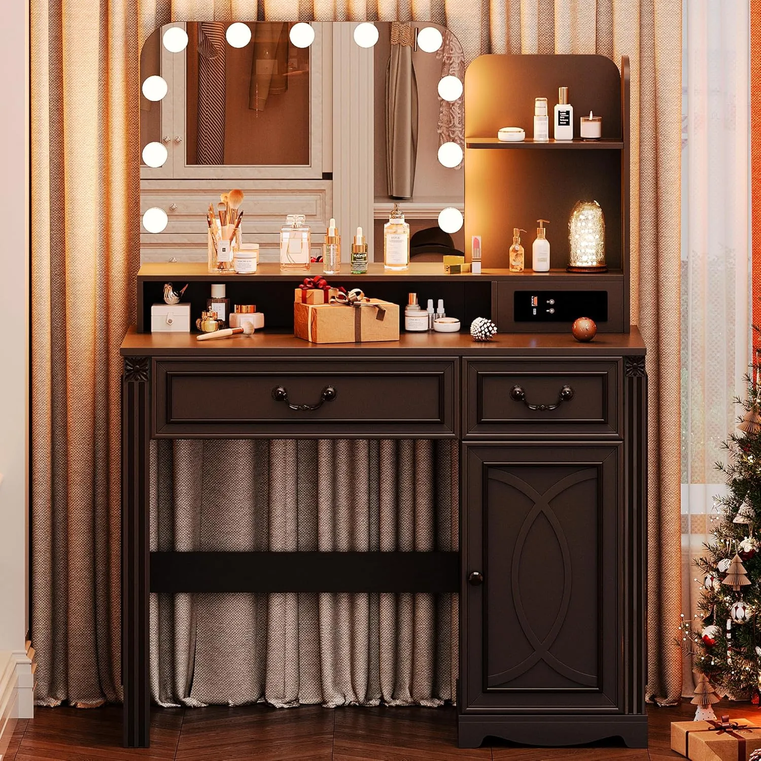 Vanity Desk with Lighted Mirror, 39.4 inch Vintage Makeup Table with Power Outlet, Bedroom Vanity Dressing Table with Adjustable Lights & 2 Drawers, Gifts for Teen Girls Women, Grey