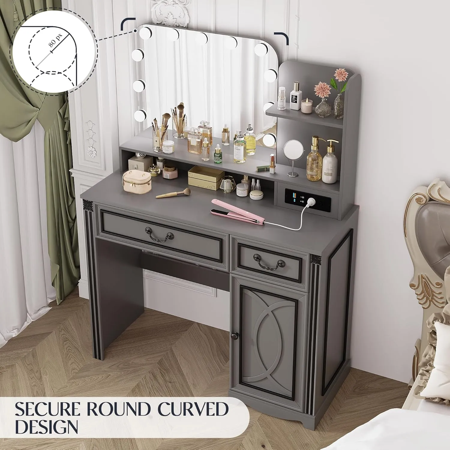 Vanity Desk with Lighted Mirror, 39.4 inch Vintage Makeup Table with Power Outlet, Bedroom Vanity Dressing Table with Adjustable Lights & 2 Drawers, Gifts for Teen Girls Women, Grey