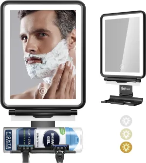 Vanity Mirror with Lights | Fogless Shower Mirror | 3 Light Lightweight Shaving Mirror with A Squeegee | Rust-Proof LED Wall Mirror | Storage Shelf for Bathroom Accessories (Black)