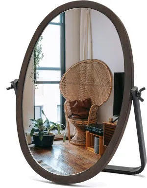 Vanity Table Makeup Mirror-Desk Small Standing Vintage Mirrors 360° Adjustable Rotation, Bronze Wood Framed for Dressing Table,Bedroom, Bathroom,Tabletop,Antique,Desktop 11.8'' x 7.8''