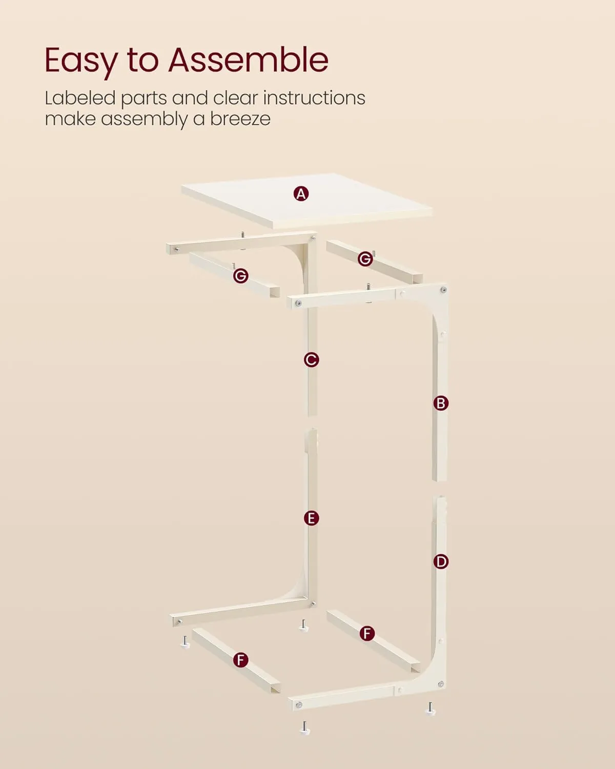 VASAGLE C-Shaped End Table, Side Table for Sofa, Couch Table with Metal Frame, Small TV Tray Table for Living Room, Bedroom, Cream White