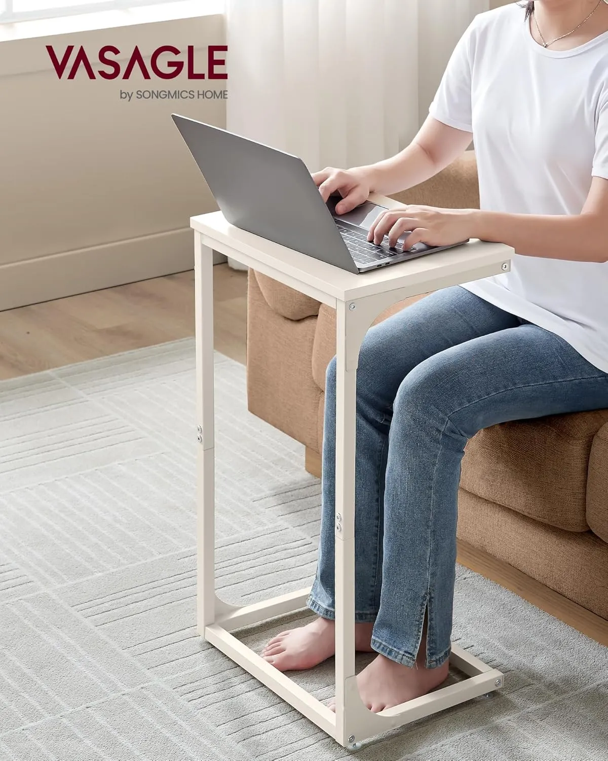 VASAGLE C-Shaped End Table, Side Table for Sofa, Couch Table with Metal Frame, Small TV Tray Table for Living Room, Bedroom, Cream White