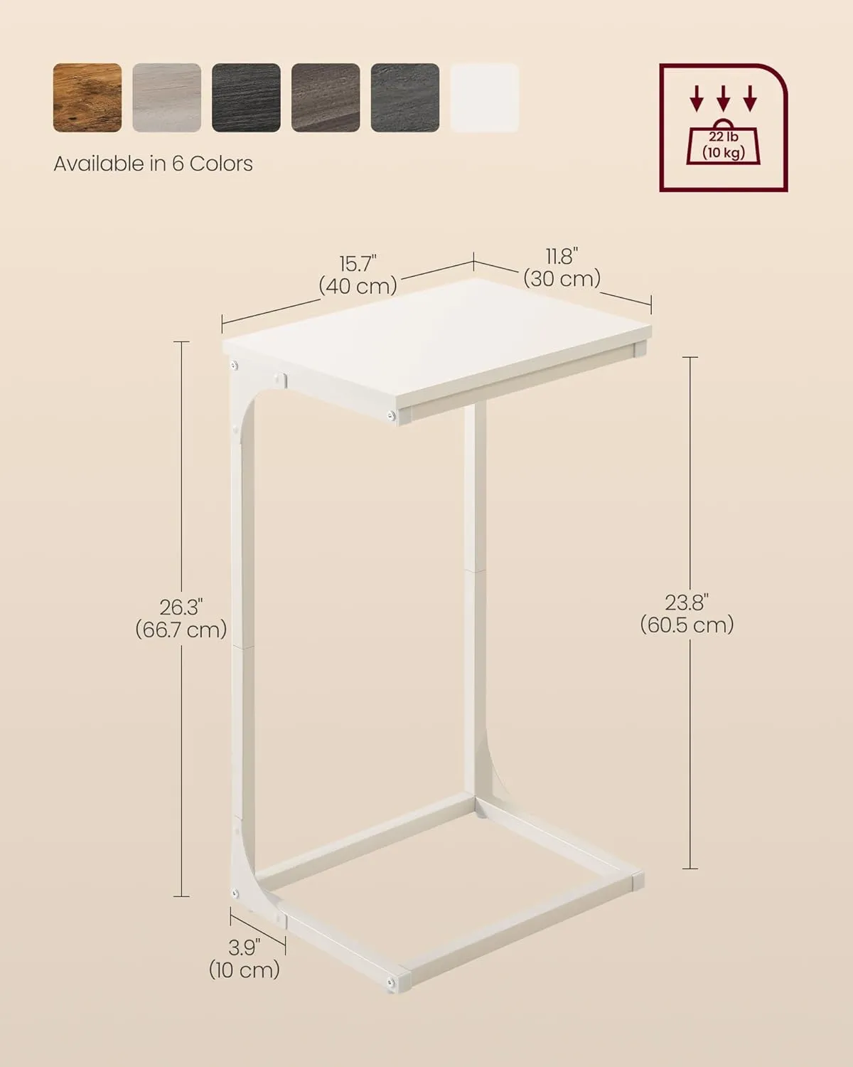 VASAGLE C-Shaped End Table, Side Table for Sofa, Couch Table with Metal Frame, Small TV Tray Table for Living Room, Bedroom, Cream White