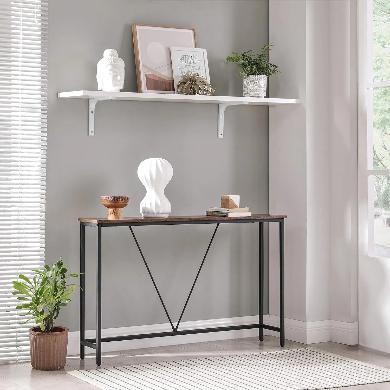 VASAGLE Console Sofa Table, Narrow Entryway Table, for Living Room, Bedroom, Easy Assembly, Rustic Brown and Ink Black ULNT020B01