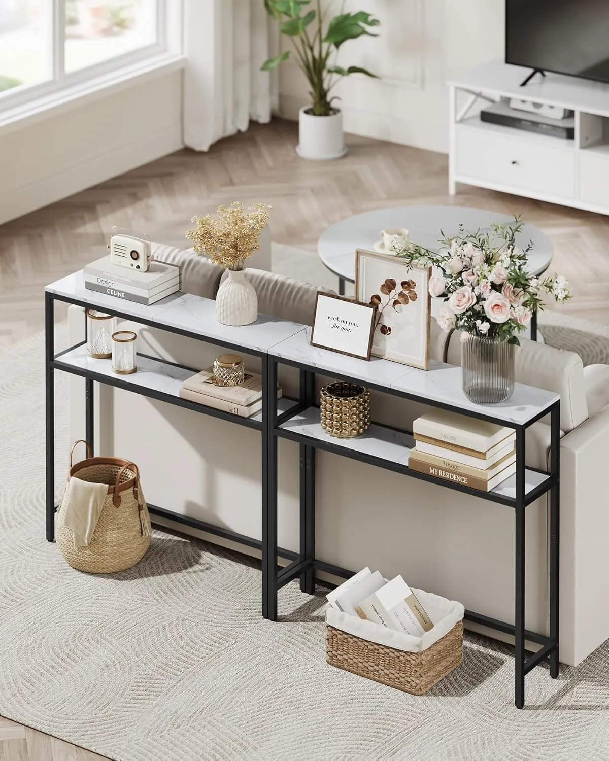 VASAGLE Console Table, 2-Tier Sofa Table, 7.9 x 31.5 x 31.5 Inches, Narrow Entryway Table, Modern Entry Table with 2 Shelves, for Living Room, Bedroom, Marble White and Ink Black ULNT130W59