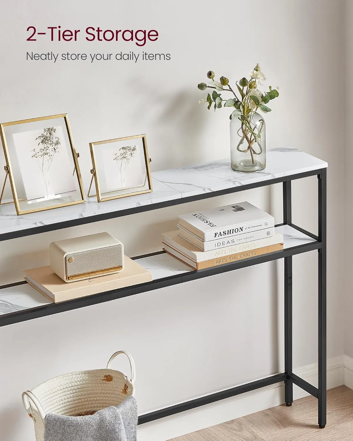 VASAGLE Console Table, 2-Tier Sofa Table, 7.9 x 31.5 x 31.5 Inches, Narrow Entryway Table, Modern Entry Table with 2 Shelves, for Living Room, Bedroom, Marble White and Ink Black ULNT130W59