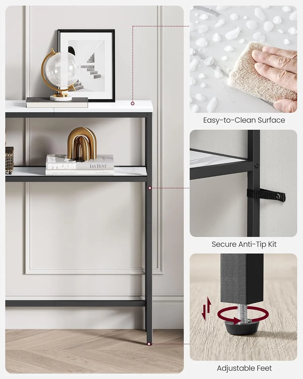 VASAGLE Console Table, 2-Tier Sofa Table, 7.9 x 31.5 x 31.5 Inches, Narrow Entryway Table, Modern Entry Table with 2 Shelves, for Living Room, Bedroom, Marble White and Ink Black ULNT130W59