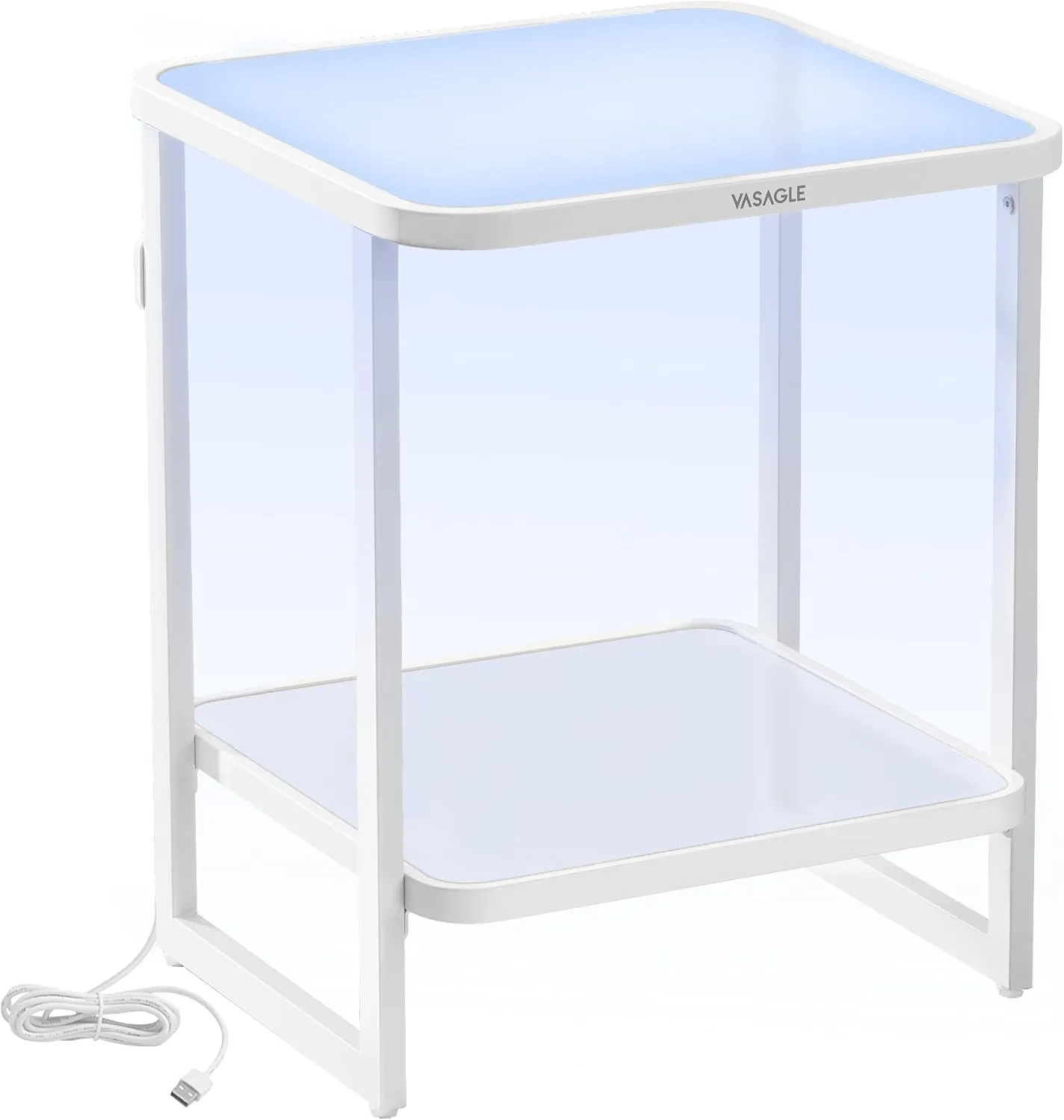 VASAGLE End Table, 2-Tier Side Table with LED Lights, Modern Nightstand, Square Bedside Table, Frosted Glass, Bottom Shelf, for Bedroom, Cloud White and Pearl White ULET232W01