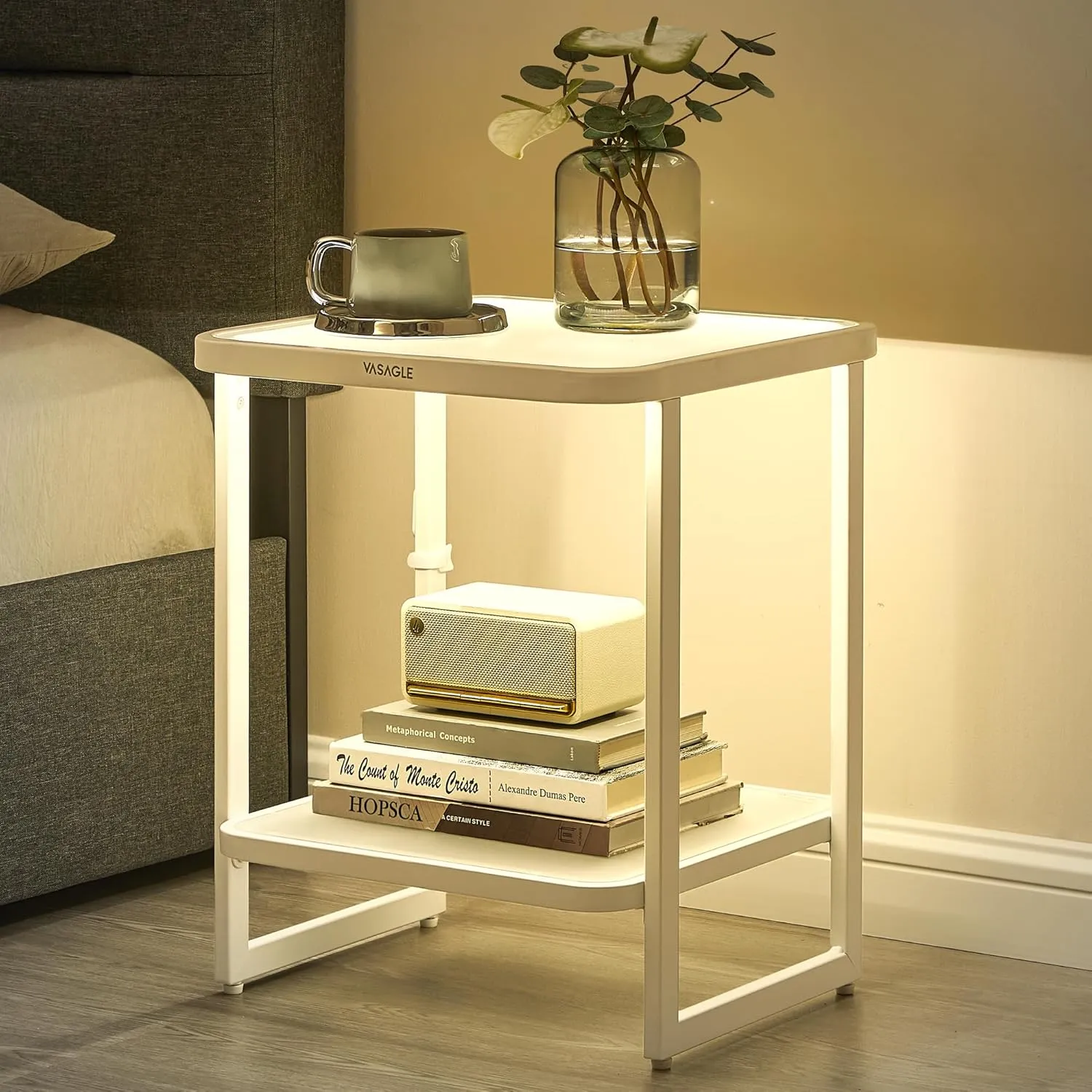VASAGLE End Table, 2-Tier Side Table with LED Lights, Modern Nightstand, Square Bedside Table, Frosted Glass, Bottom Shelf, for Bedroom, Cloud White and Pearl White ULET232W01