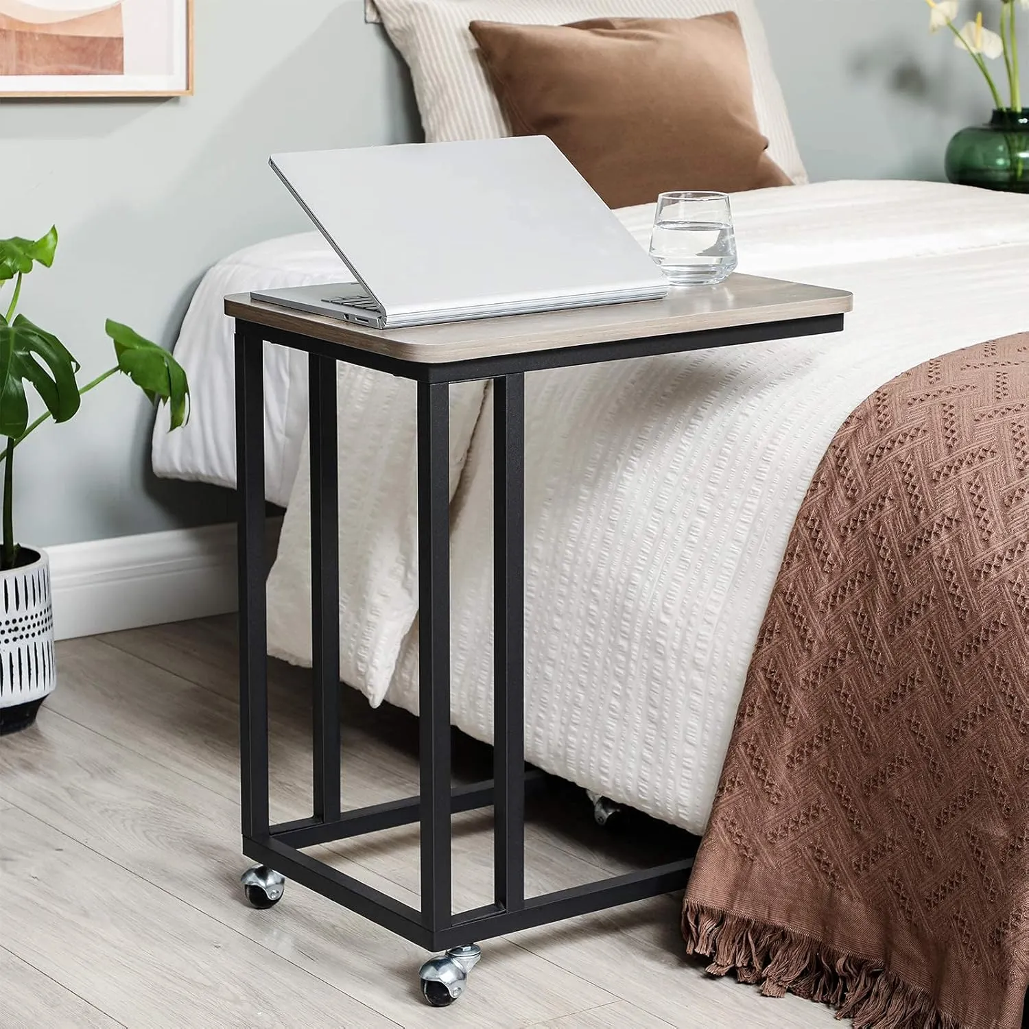 VASAGLE End Table, C Shaped TV Tray with Metal Frame Rolling Casters, Industrial Side Table for Living Room Bedroom, 19.7 x 13.8 x 23.6 Inches, Greige and Black