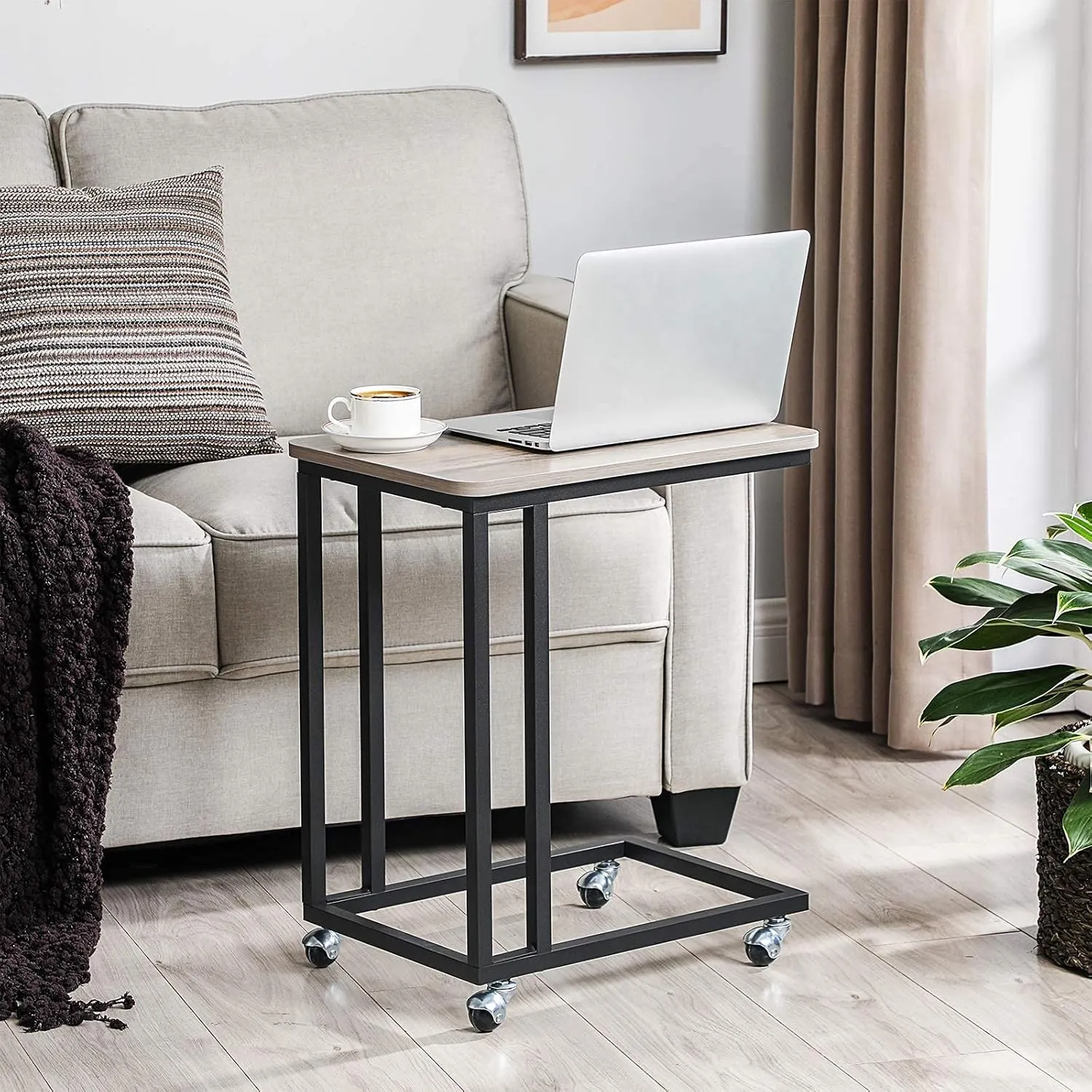 VASAGLE End Table, C Shaped TV Tray with Metal Frame Rolling Casters, Industrial Side Table for Living Room Bedroom, 19.7 x 13.8 x 23.6 Inches, Greige and Black