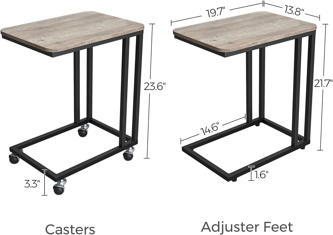 VASAGLE End Table, C Shaped TV Tray with Metal Frame Rolling Casters, Industrial Side Table for Living Room Bedroom, 19.7 x 13.8 x 23.6 Inches, Greige and Black