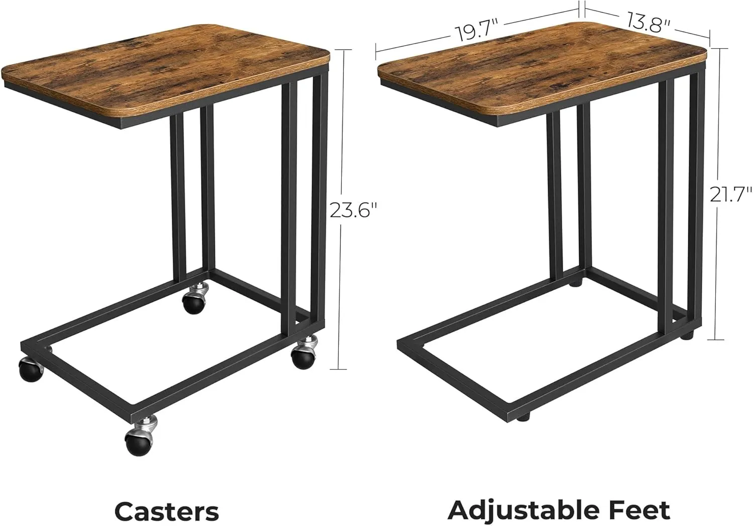 VASAGLE End Table, C Shaped TV Tray with Metal Frame Rolling Casters, Industrial Side Table for Living Room Bedroom, 19.7 x 13.8 x 23.6 Inches, Rustic Brown and Black
