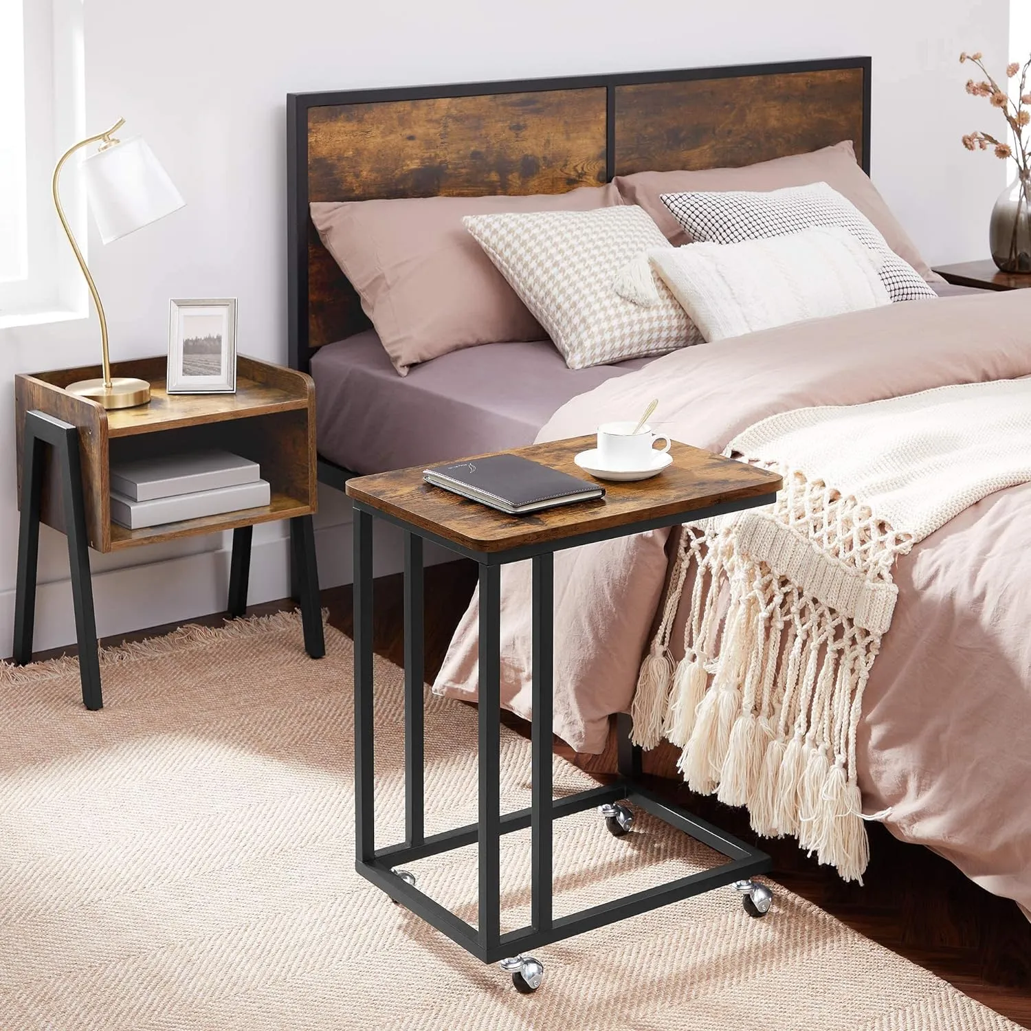 VASAGLE End Table, C Shaped TV Tray with Metal Frame Rolling Casters, Industrial Side Table for Living Room Bedroom, 19.7 x 13.8 x 23.6 Inches, Rustic Brown and Black