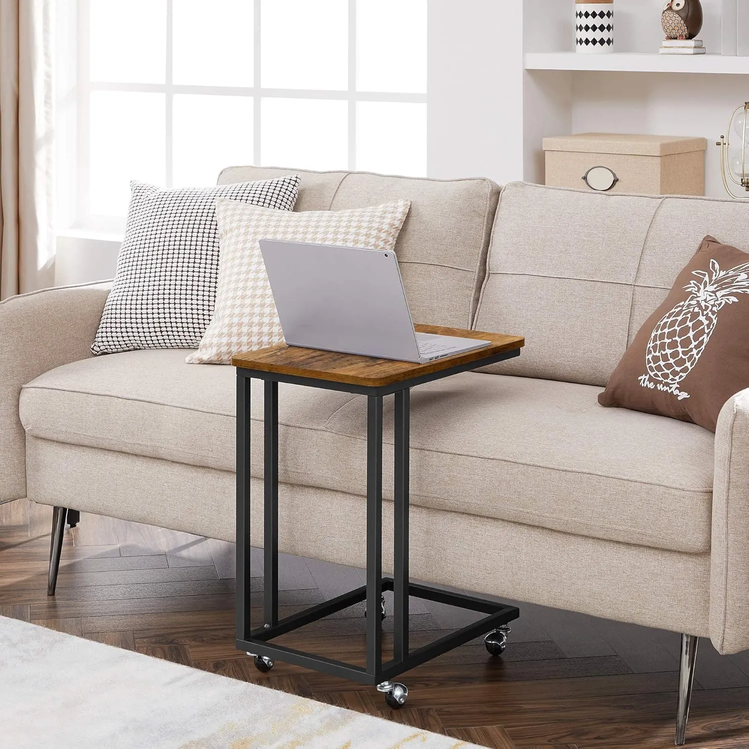 VASAGLE End Table, C Shaped TV Tray with Metal Frame Rolling Casters, Industrial Side Table for Living Room Bedroom, 19.7 x 13.8 x 23.6 Inches, Rustic Brown and Black