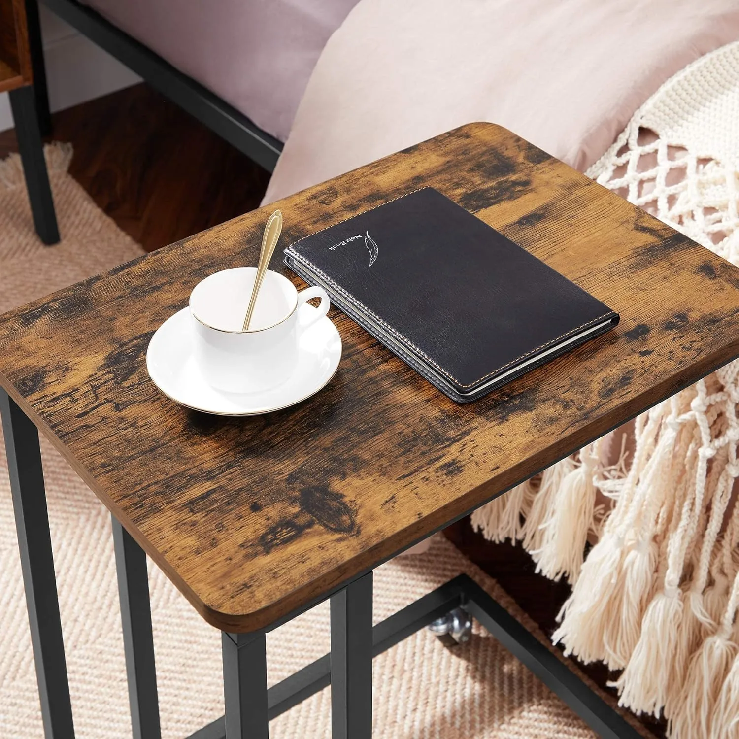 VASAGLE End Table, C Shaped TV Tray with Metal Frame Rolling Casters, Industrial Side Table for Living Room Bedroom, 19.7 x 13.8 x 23.6 Inches, Rustic Brown and Black