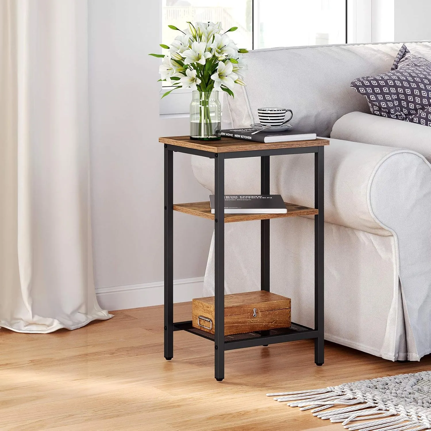VASAGLE End Table Set of 2, 3-Tier Nightstands, Side Table for Small Space in Living Room, Bedroom, Steel Frame, Easy Assembly, 2-Pack, Chestnut Brown