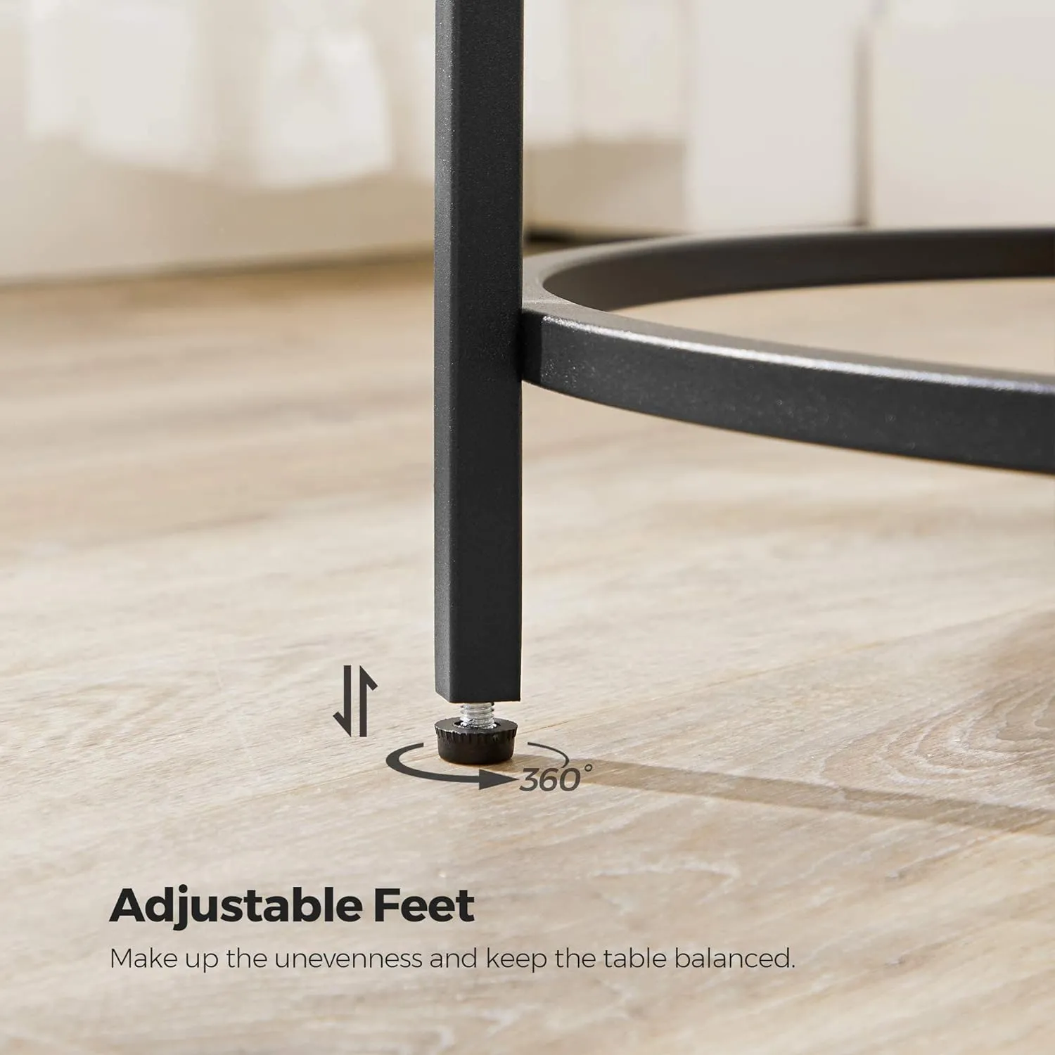 VASAGLE Round Side Table, Glass End Table with Metal Frame, Black Coffee Table with Modern Style, for Living Room, Balcony, Bedroom, Black